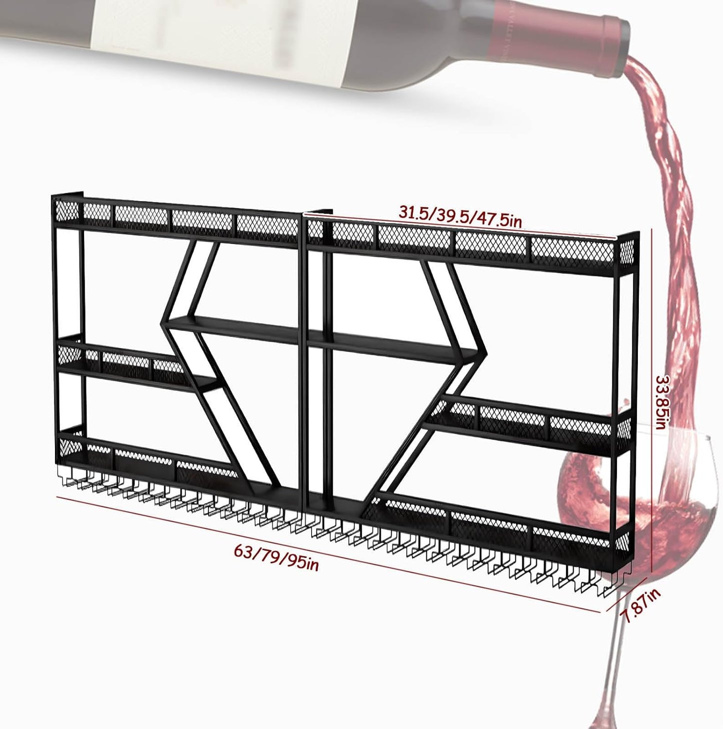 Wall Mounted Wine Rack with Glass Holder, 3-Tier Metal Storage Shelf, Black Diamond Design, Wine Bottle Display with Stemware Storage (Black, 31.49in/Right)