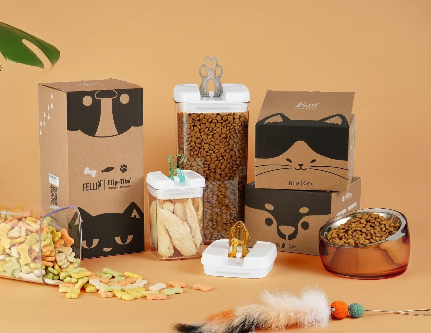 Felli Flip Tite Pet Food Container with Airtight Lids, BPA FREE Acrylic Canister with Paw Bone Fish Flip Top Handles for Cat Dog Kibble Treats Storage, Keep Fresh (Pet Collection Nest-L3pk)