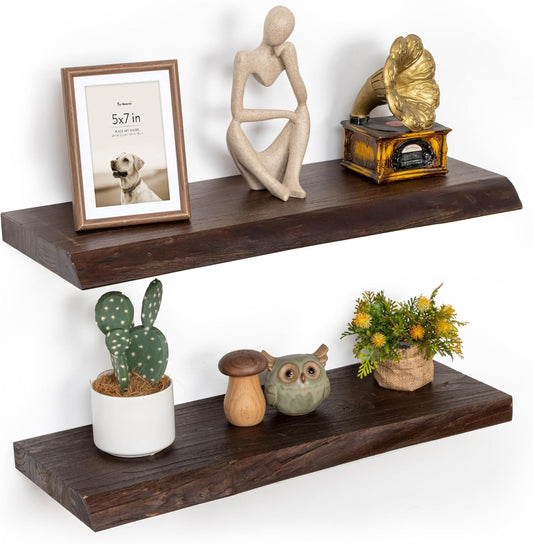 Floating Shelves for Wall, 24"x9.3" Rustic Solid Live-Edge Elm Wood Wall Shelves, Heavy-Duty Floating Shelves with Invisible Brackets, Set of 2 for Living Room, Bedroom, and Kitchen, Walnut Finish