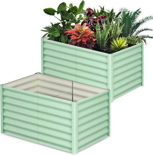 Galvanized Raised Garden Bed Outdoor, 2 Pcs 6x3x2FT Outdoor Large Planter Raised Beds Open Base with Safety Edge and Glove for Vegetables Flowers Ground Planter, Green