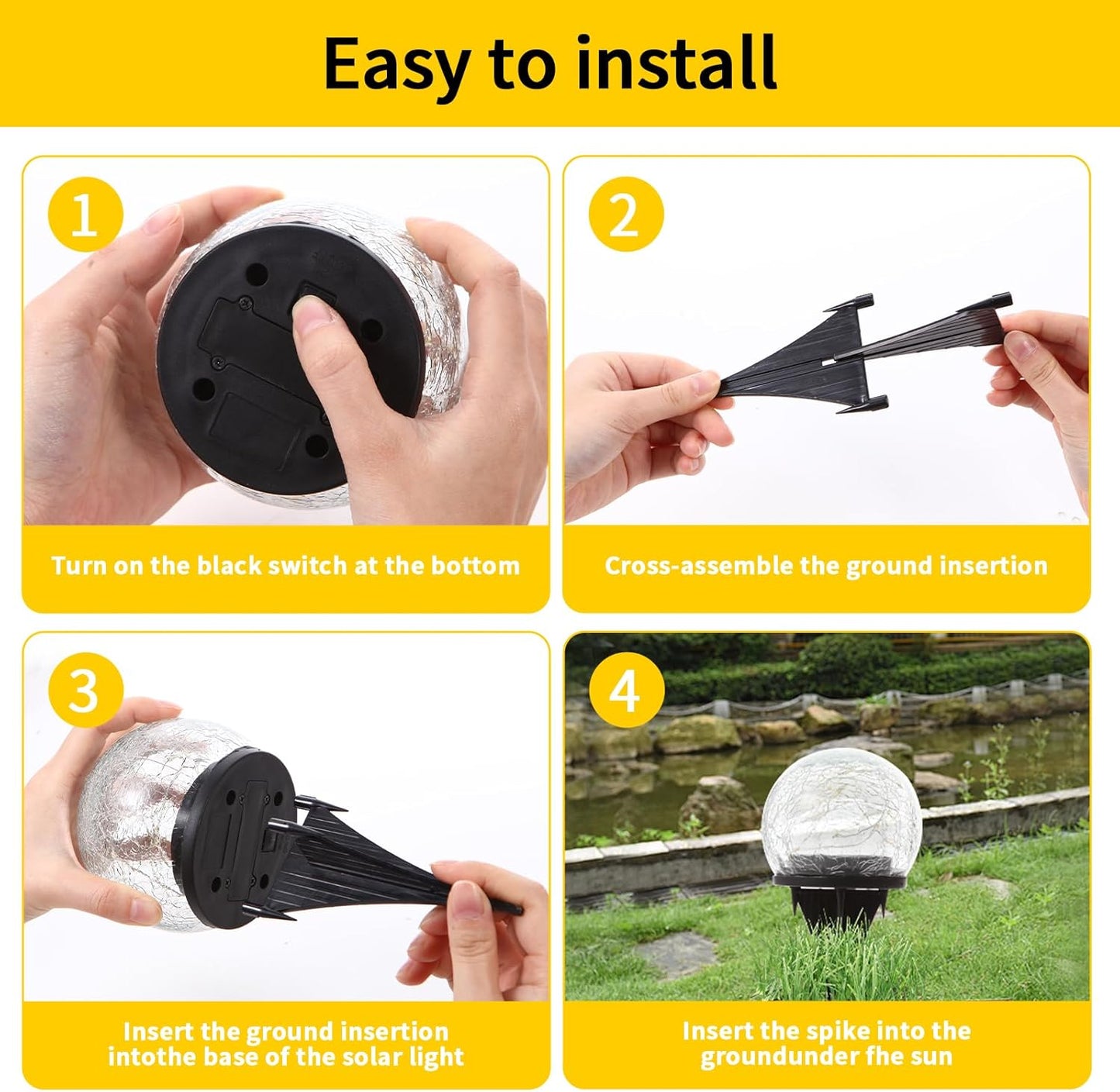 Solar Globe Lights, Cracked Glass Solar Waterproof Warm White LED Ball Lights for Yard Pathway Patio & Lawn Decor (Warm Colors, 2 Pack, 3.94")