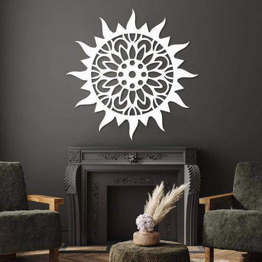 Sunburst Metal Wall Decor, Unique Sun Flower Design, Outdoor & Indoor Wall Art for Living Room, Bedroom, or Patio, Home Decor (White, 19"x19"|47x47cm)