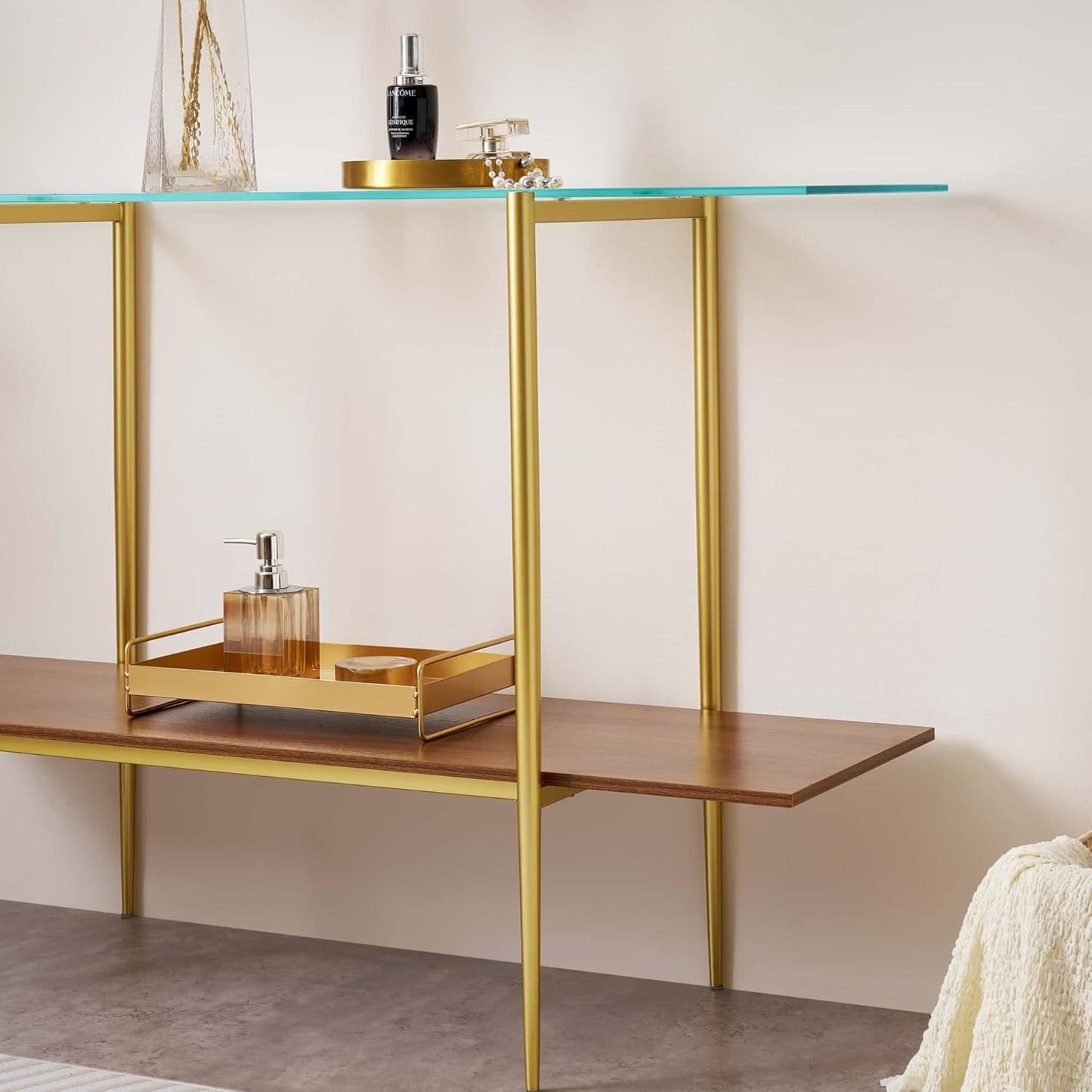 Extra Large Glass Console Table for Living Room, Foyer & Entrance, L47 x W16 x H31, Mid-Century Modern Sofa Table with Clear Glass Top, Walnut Finish Wood Top and Gold Finish Metal Frame