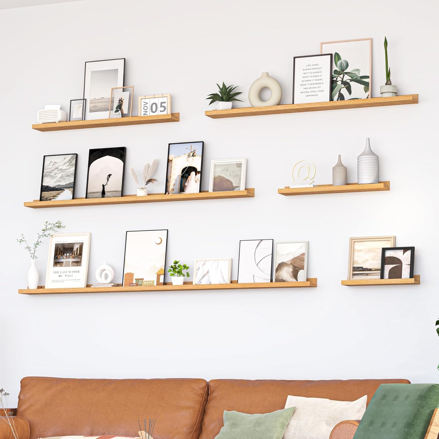 Heimlove Picture Ledge Shelf, Floating Shelves Set of 2, 36 Inches Picture Shelf for Wall with Ledge, Kids Bookshelf Wall Mounted for Living Room Bedroom Decor Books Photo Frames - Natural Oak