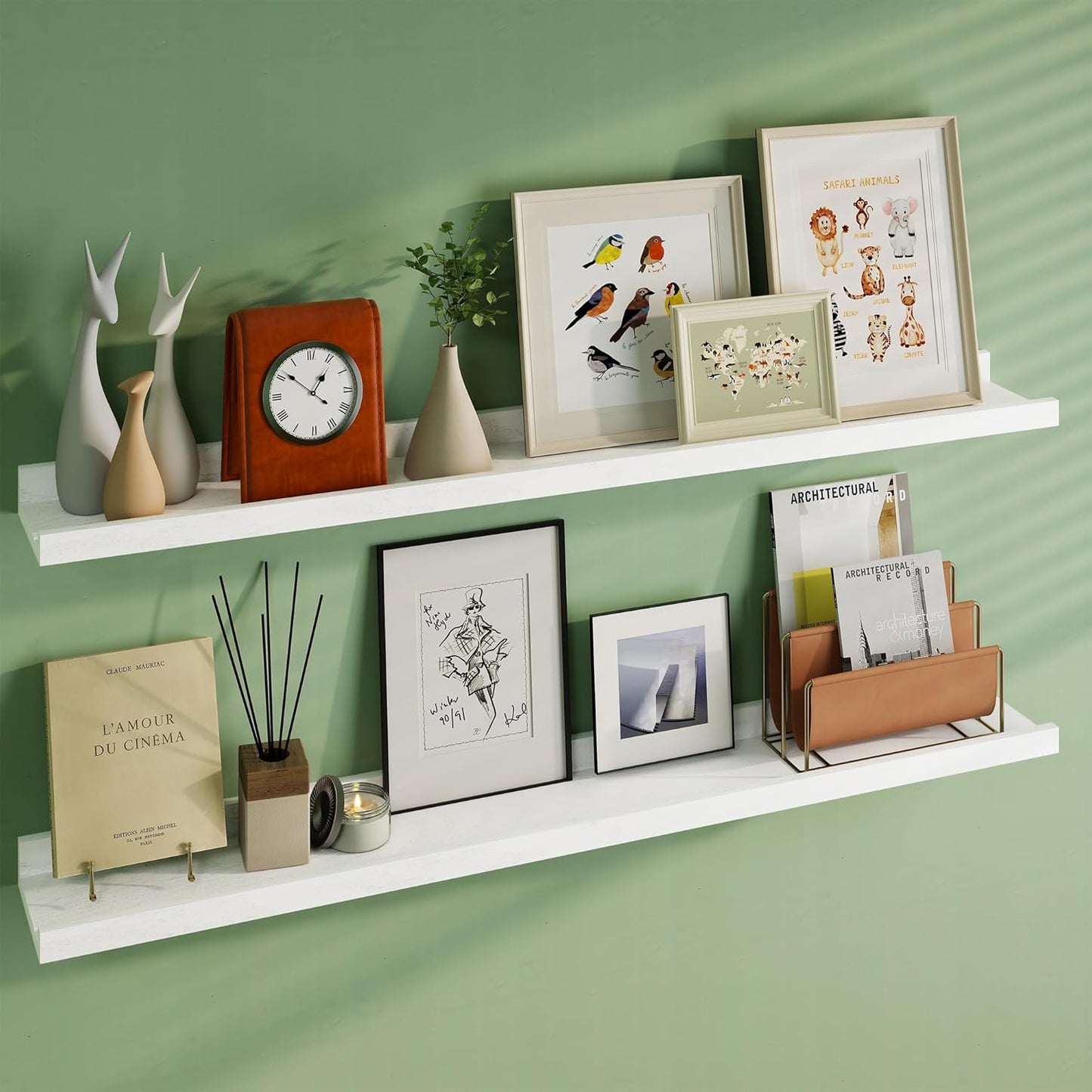 Floating Picture Ledge Shelves 48 Inch Solid Oak Wood Set of 2, Rustic Wall Storage Shelves with Lip, Kids Bookshelf, Photo & Picture Ledge Shelves for Bedroom, Living Room, Kitchen