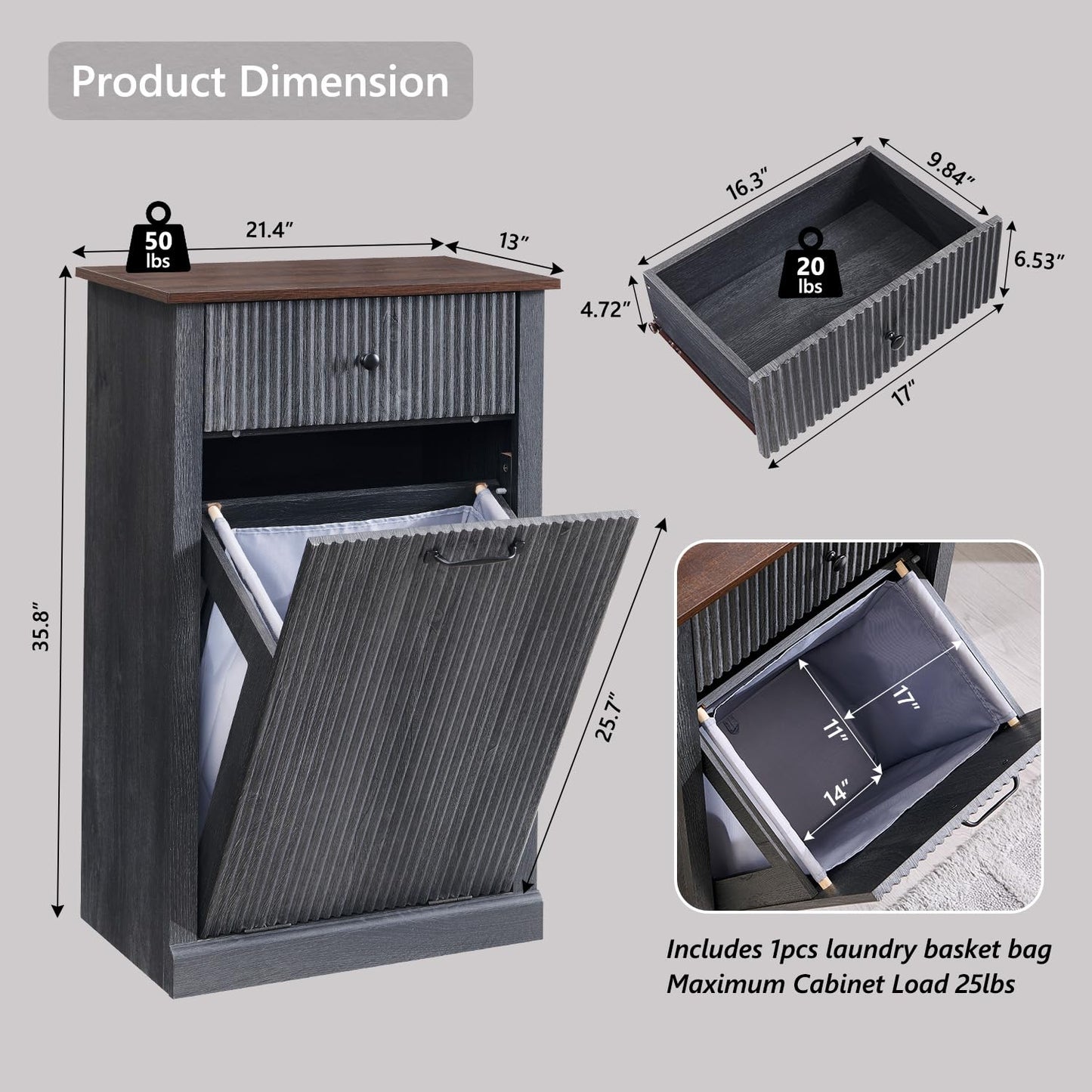 Modern Tilt-Out Trash Can Cabinet, 10 Gallon Fluted Laundry Hamper Cabinet with Drawers, Wooden Hidden Garbage Can Cabinets with Storage Basket, Free Standing for Kitchen and Living Room, Grey