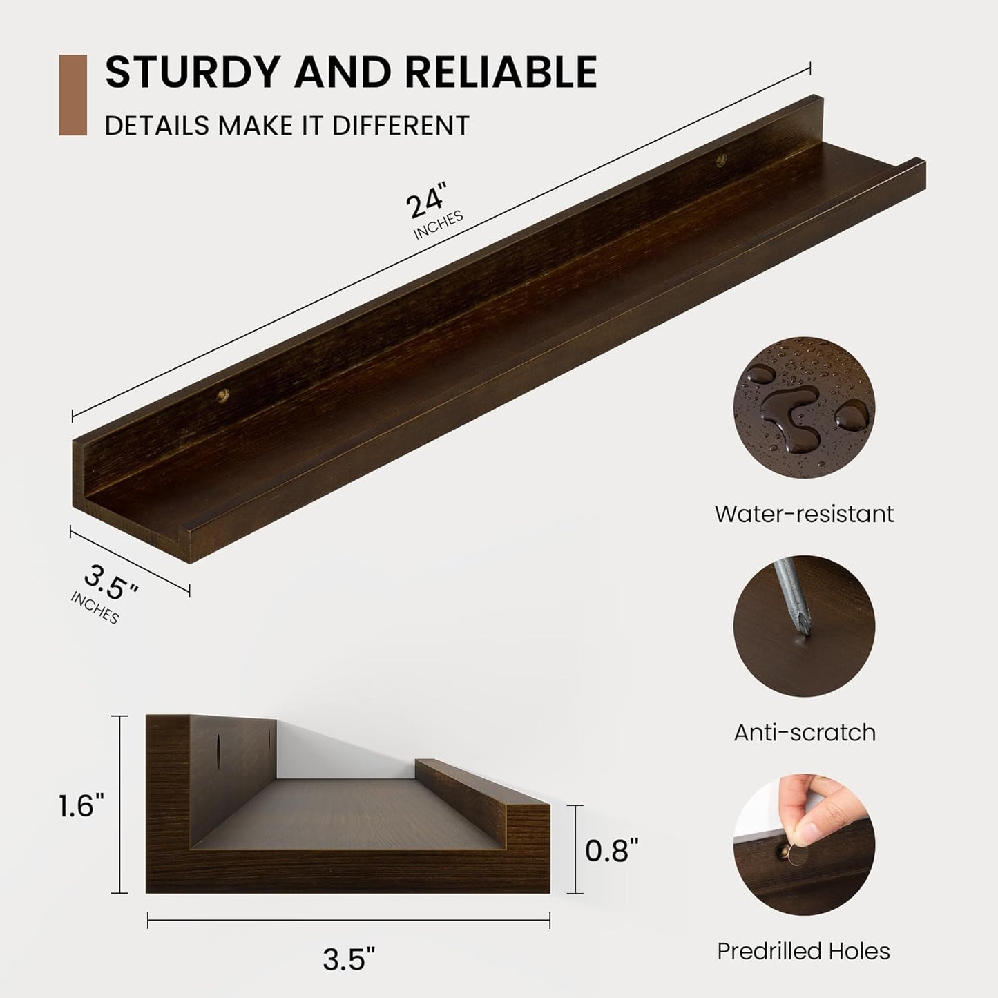 Picture Ledge Shelf, Solid Pine Wood Floating Shelves Set of 2, 24 Inches Nursery Book Shelves for Toys Storage, Kids Bookshelf Wall Mounted for Living Room Bedroom Decor Books Photo Frames, Walnut