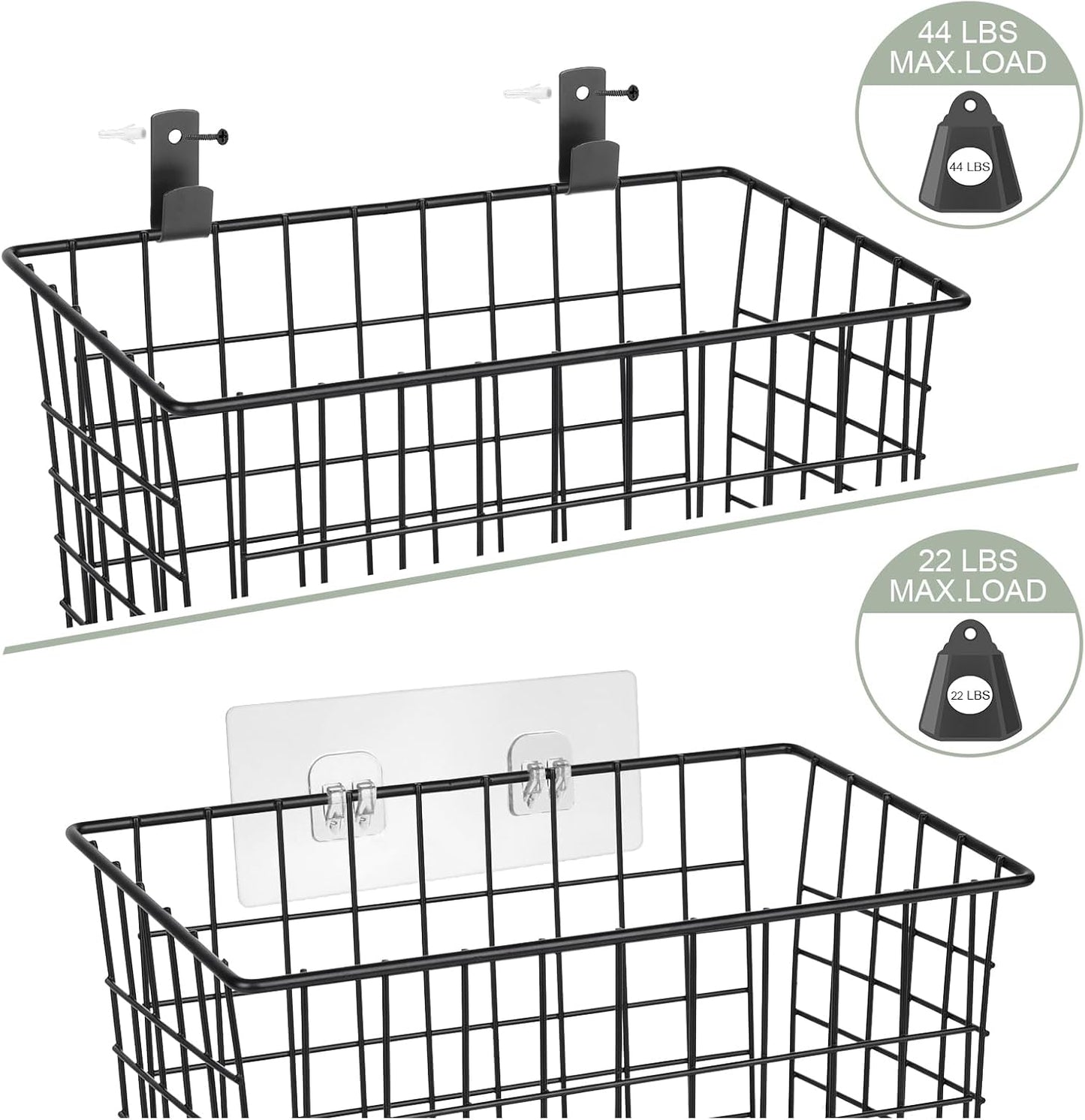 Wall Hanging Baskets 3 Pack, Large Diversified Wire Basket Shelves of Wooden Style, with Wall Mounted Metal Hooks & Traceless Stickers, for Kitchen Coffee Bar Office Room Garage Storage Organization