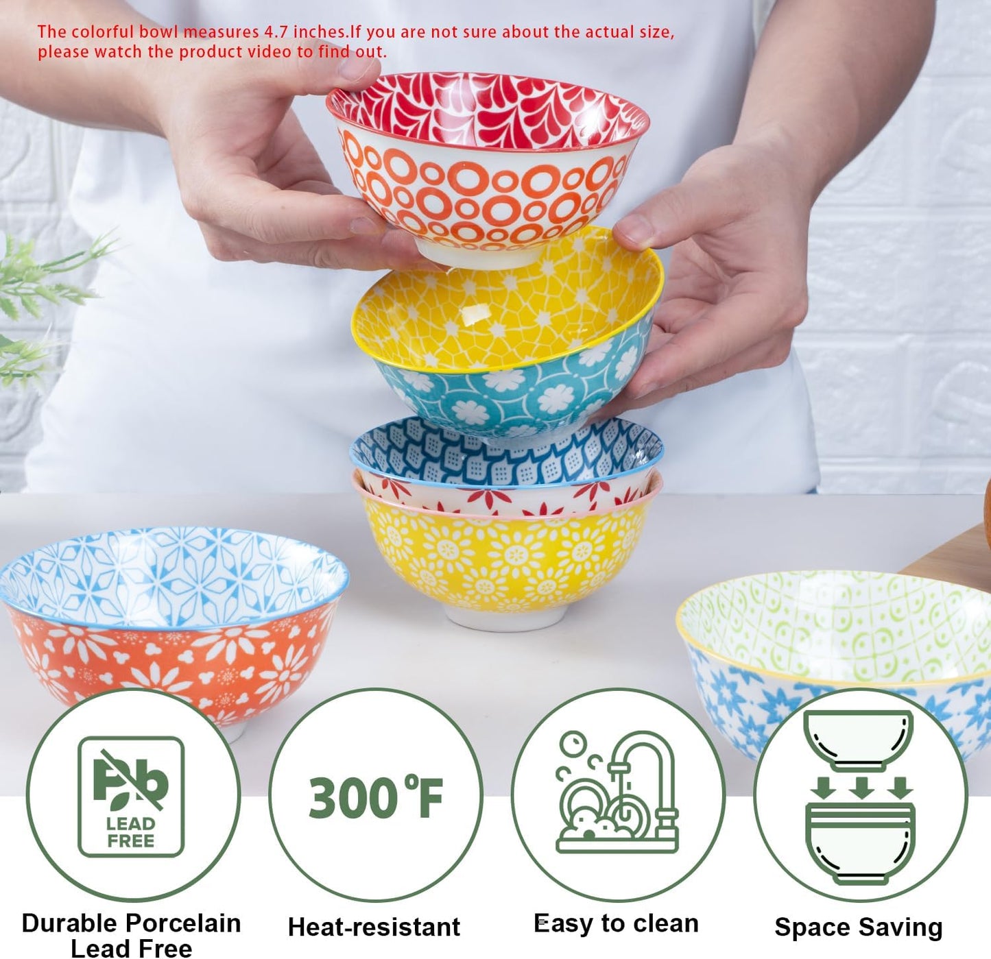 Colorful Ceramic Bowls 10oz, 4.7in small cereal bowl Set of 6 for ice cream, Dessert, Porcelain bowl for Dipping, Sauce, Dishwasher/Microwave safe
