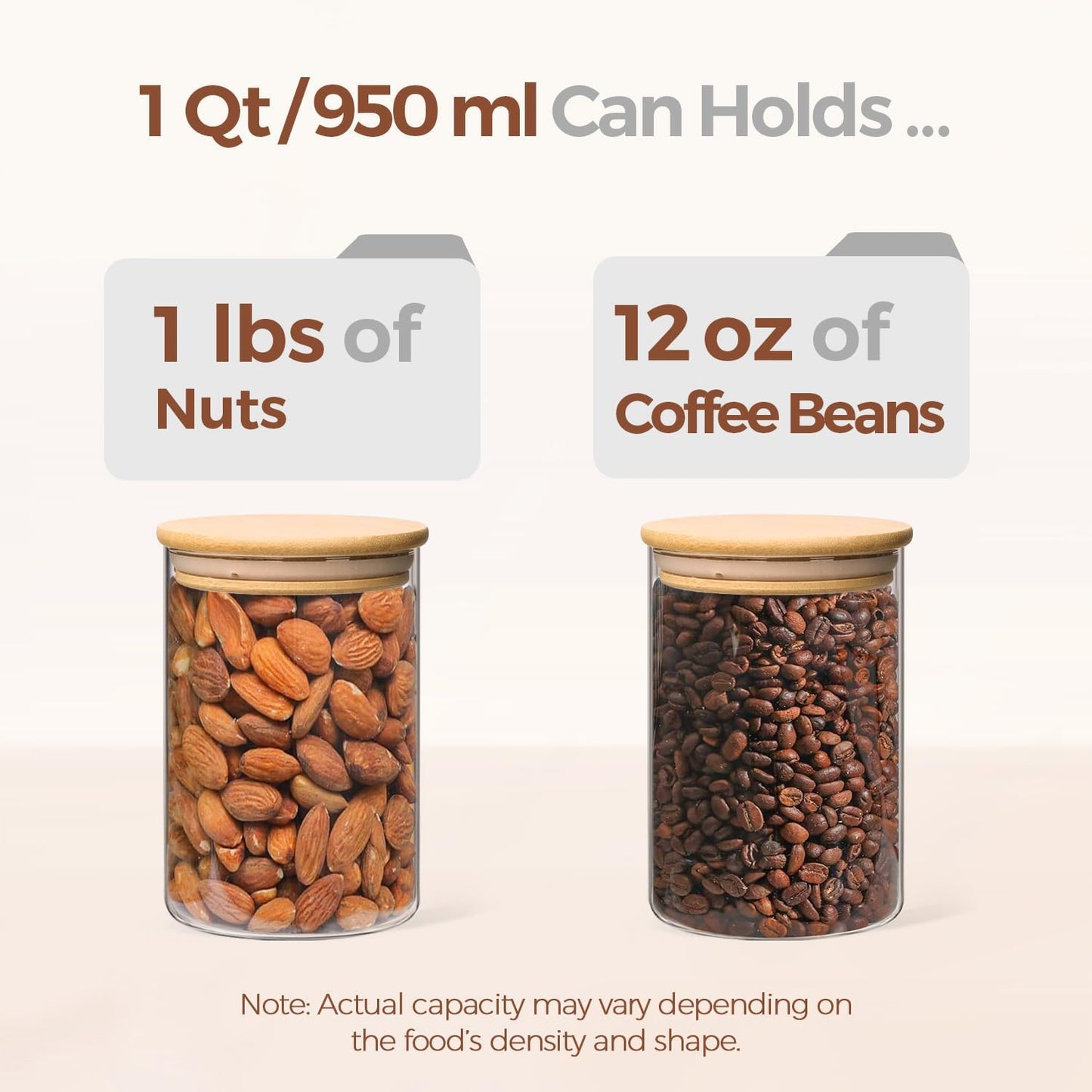 ComSaf 1 Qt Glass Storage Containers with Lids, Glass Jars with Lids, Clear Food Storage Jar, Round Canister Set of 6, Pantry Organizers for Cookie Pasta Flour Rice Tea Coffee Bean