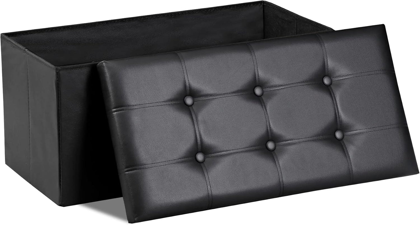 SUPER DEAL 30 inches Folding Ottoman with Storage, Bedroom Footrest Bench, Rectangle Sotrage Chest for Living Room Entryway, 30"x15"x15", 85L, Faux Leather, Black