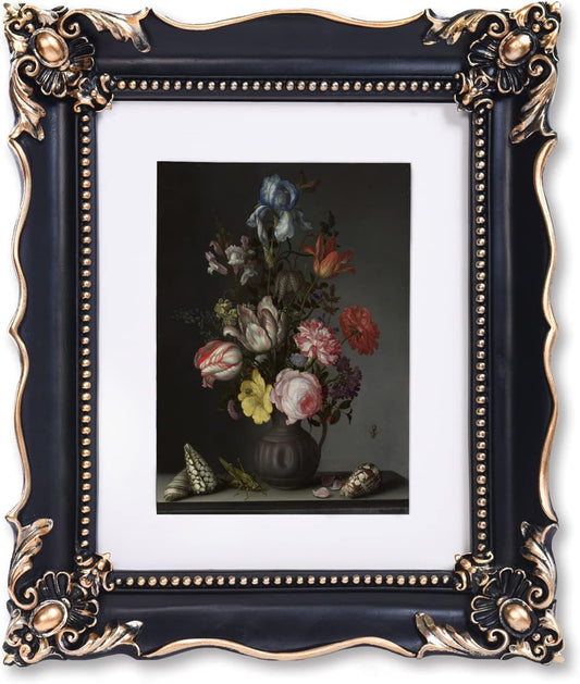 8x10 Vintage Picture Frame with Embossed Flower Design, Black Ornate Frame for 8x10 or 5x7 Pictures with White Mat, Hand-Crafted Resin Antique Frames for Tabletop & Wall Hanging, Home Decor (Black)