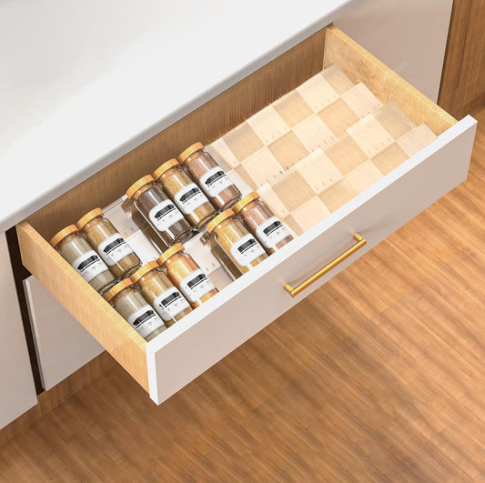 2-Tier Non-Slip Spice Drawer Organizer, 2-Pack Checkered Frosted Clear Acrylic, Expandable (11''-22'') Spice Rack for Kitchen Drawer Storage – Holds Seasonings, Herbs, and Spices (Jars Not Included)