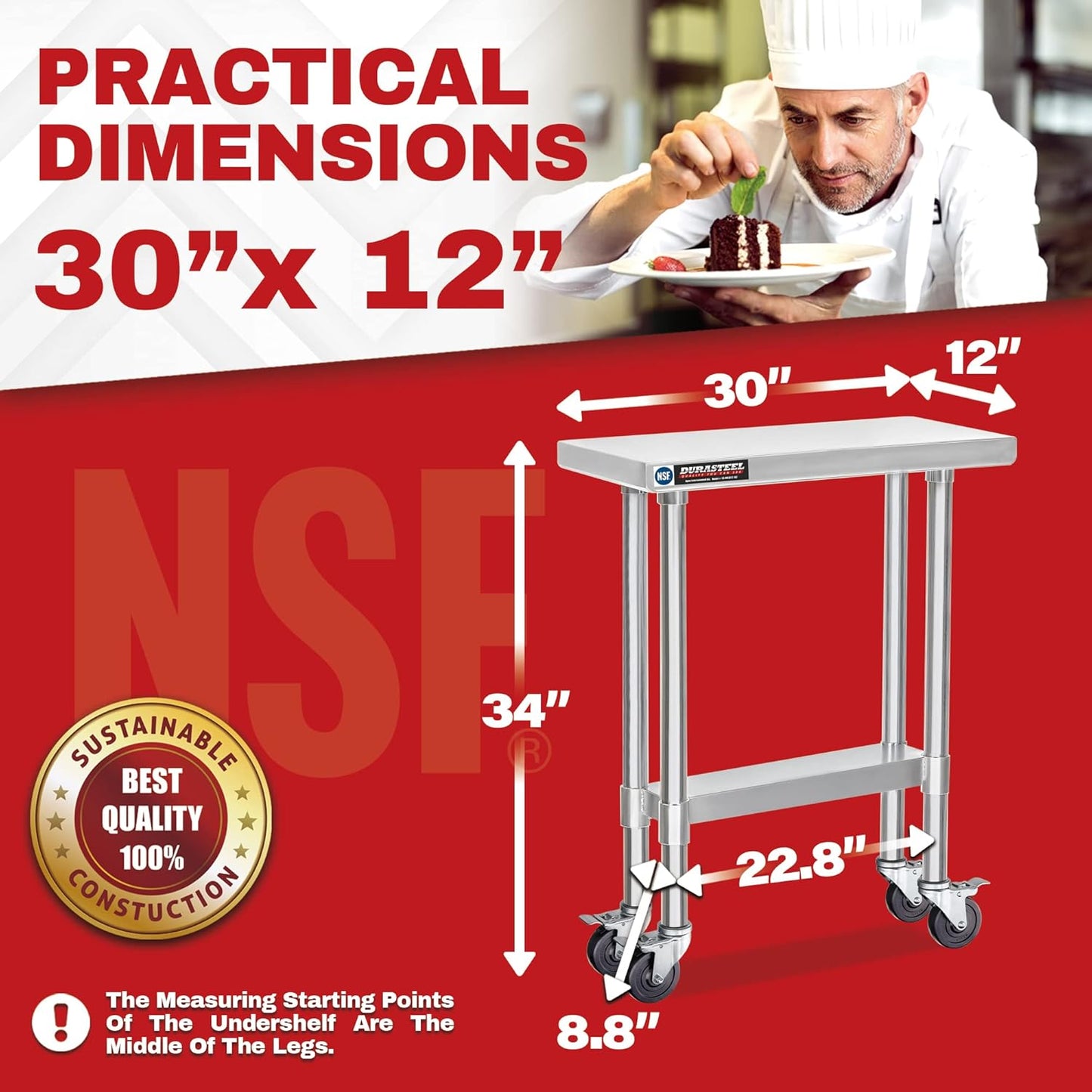 DuraSteel 30x12 NSF Stainless Steel Cart - Heavy Duty Rolling Food Prep Table with Undershelf - Metal Utility Cart for Commercial Restaurant Kitchen, Laundry, Side Mixer Stand