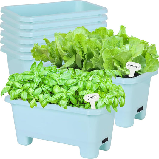 Self-Watering Rectangle Planter Boxes 8-Pack, 15.7-Inch Window Box Planter with Drainage Holes & Trays, Pots for Vegetables, Herbs, Flowers, Garden Windowsill Balcony (Sky Blue, 15.7*8.3*7.1 inch)