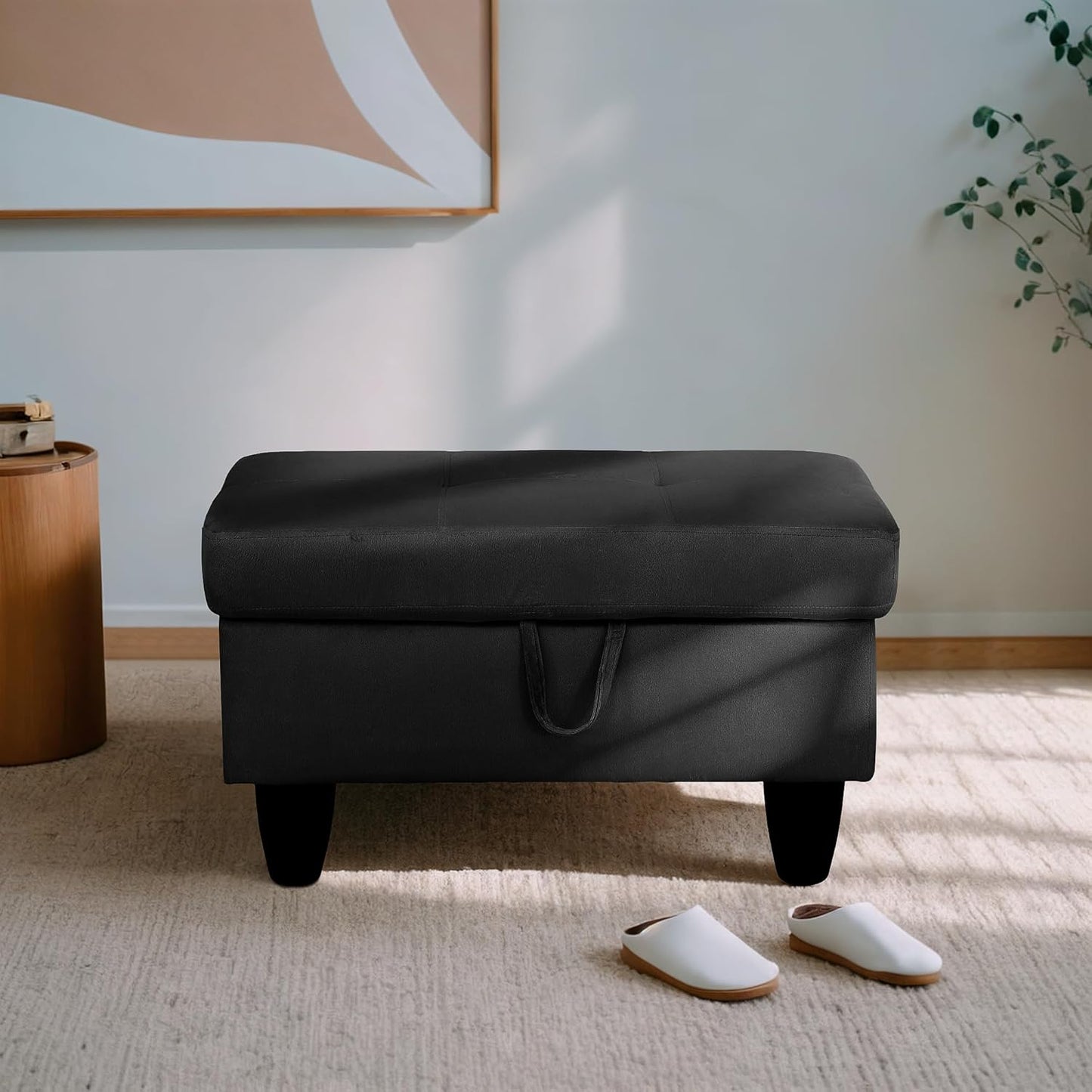 Ottoman Rectangular Storage Ottoman Bench, Flannel Footrest Stool Footstool with Lid for Living Room, Bedroom, Entryway, Black, 28.5"x19"x17.5"