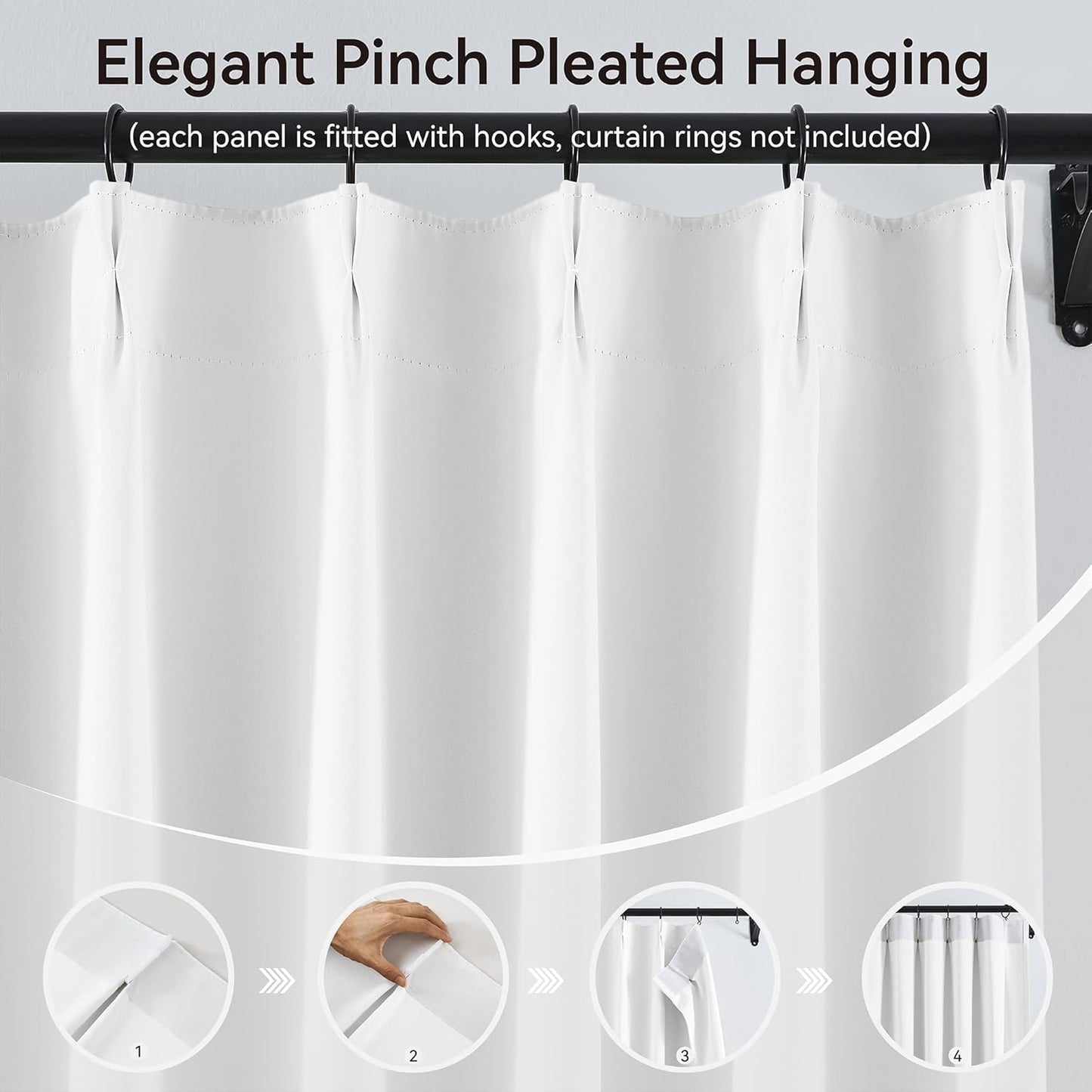 KangBang White Room Darkening Curtains 108 Inches Long, Pinch Pleated Blackout Curtains Sound Dampening Polyester Modern Drapes for Living Room Office with Hooks Track System,40x108 Inch,9FT,2 Panels