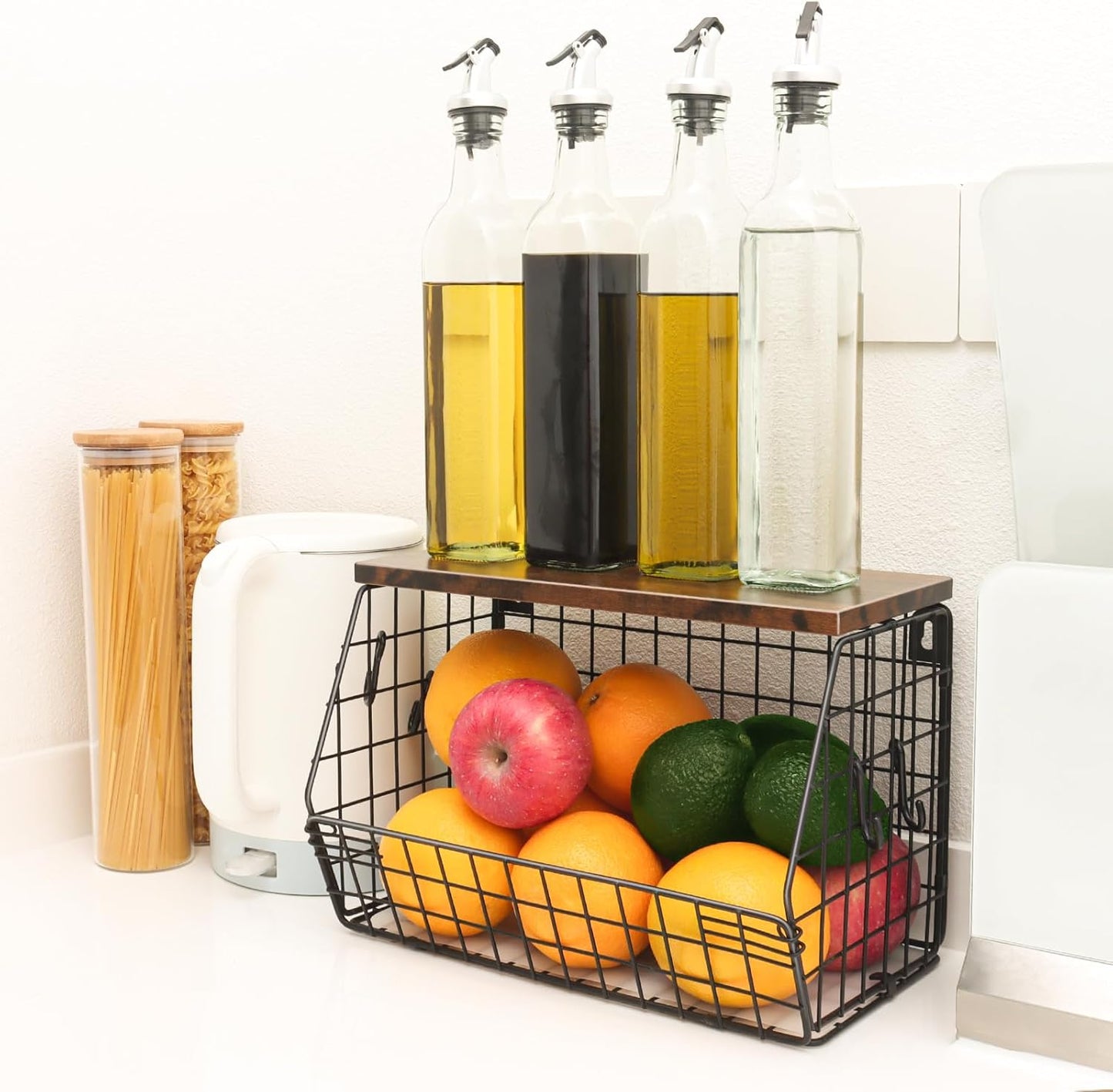 Fruit Bowl, Stackable Wall Mounted Fruit Basket of Smooth Wood Lid with 4 Banana Hanger Hooks, Metal Kitchen Counter Organizer for Snack, Fruit and Vegetable Storage, 11.8 * 7.9 * 8.5 Inches