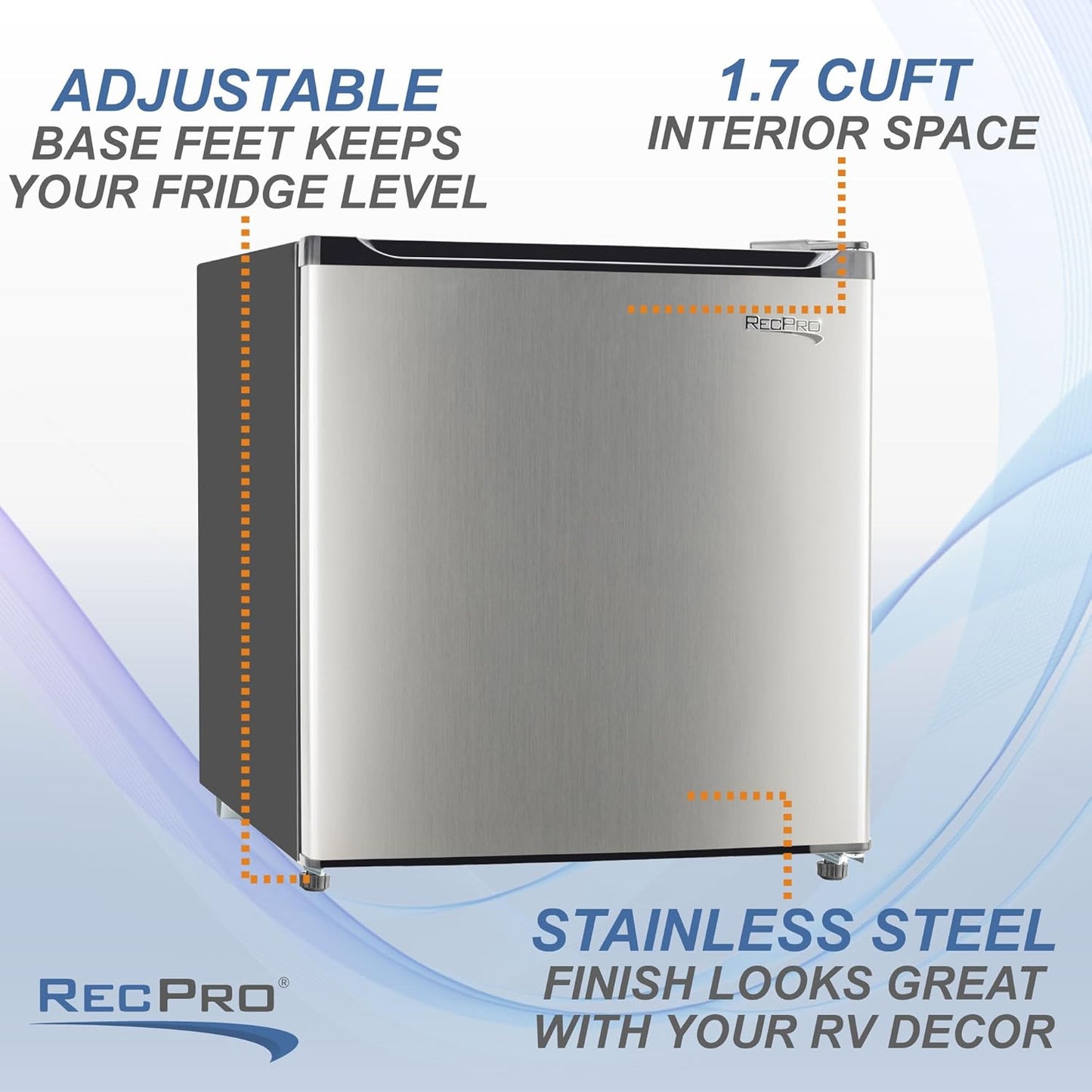 RecPro 1.7 Cu Ft 12V RV Refrigerator | Compact Fridge with Reversible Door, 2L Bottle Door Storage, 7 Temp Settings | Eco-Friendly R600A, Leveling Feet, Wire Shelf | 19.5”H x 17.5”W x 19.8”D