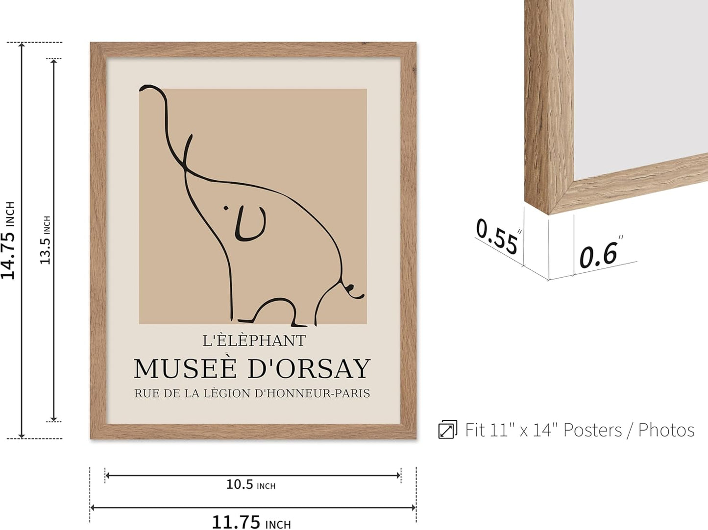 Poster Master Vintage Poster - Retro Minimalist Print - Gift for Artist, Housewarming - Elephant, Line Drawing, Sketch, Abstract - Wall Decor for Living Room, Bedroom, 11x14 Beige Framed