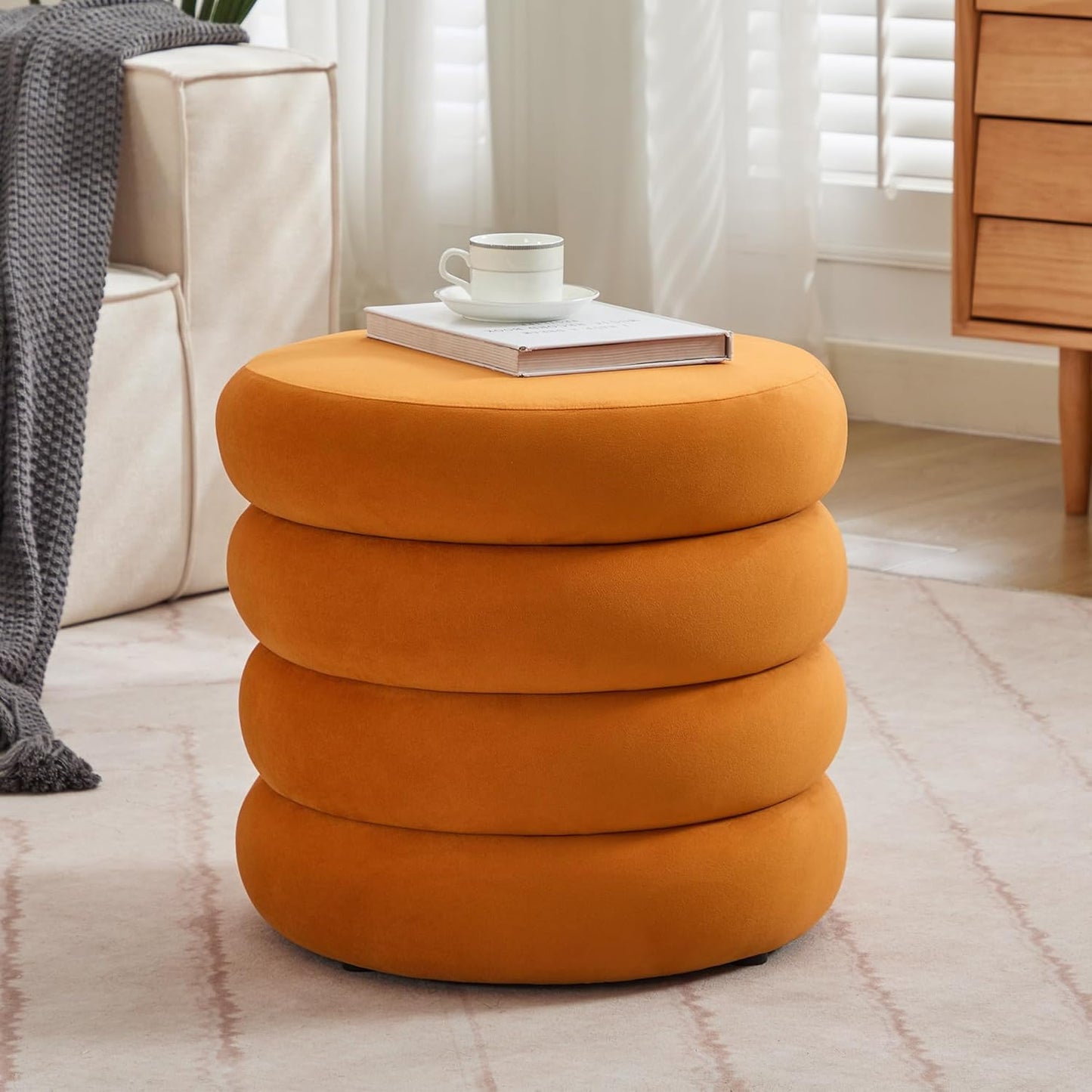 ONEVOG Round Storage Ottoman, 20" Small Ottomans Table with Removable Lid, Velvet Fabric Soft Footrest Stools for Couch, Upholstered Stuffed Circle Seat for Living Room/Bedroom/Dorm/Vanity, Orange