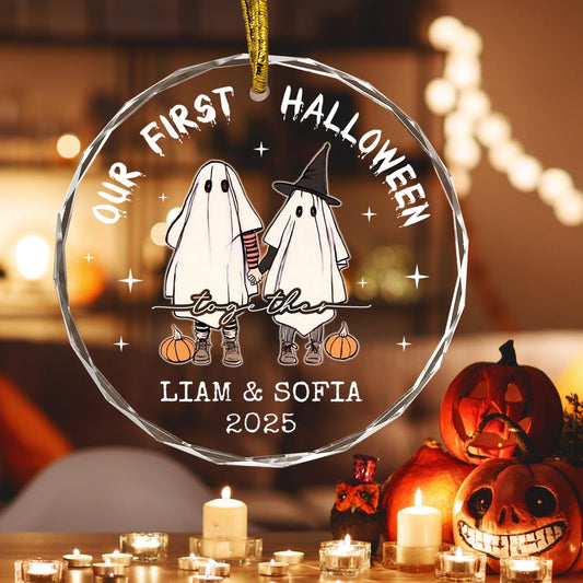 First Halloween Married Ornaments, Custom Couple Halloween Ornament for Couples, Newlywed, Mr & Mrs Ornament, Spooky Glass Hanging Decor, Spooky Pendent, Ghost and Pumpkin Gifts