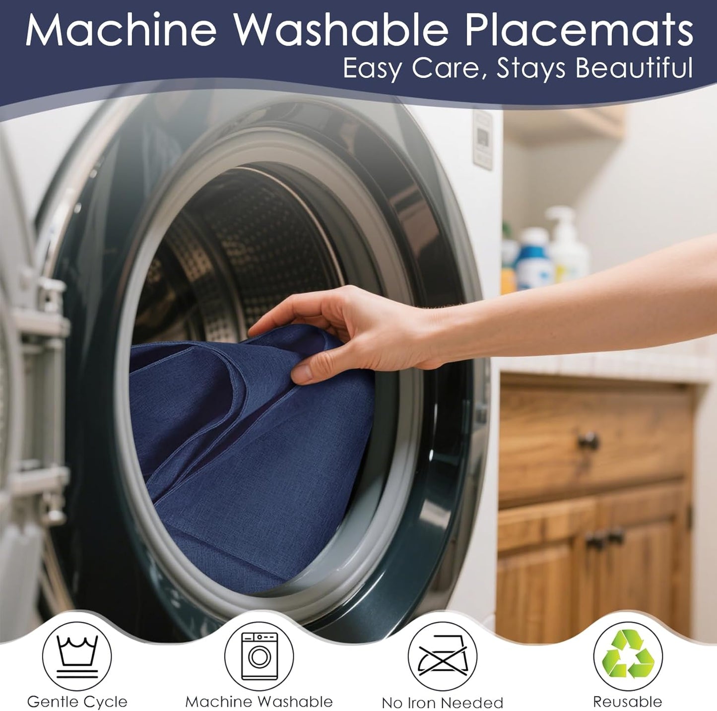 MANSPHIL Navy Blue Cloth Placemats Set of 6, Double Layer Faux Linen Place Mats Heat Resistant Washable Table Mats for Dining Kitchen, 13x19 Inch