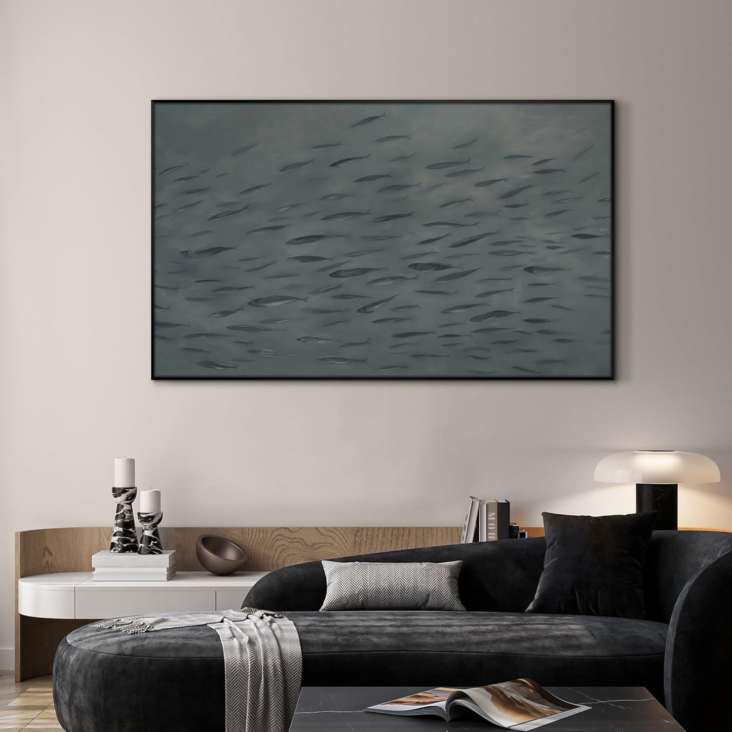 SIGNWIN 36"x60" Extra Large Framed Wall Art Gray School of Fish Minimalist Ocean-Inspired Marine Life Illustration for Home Living Room Bedroom Decor (Frame Assembly Required)