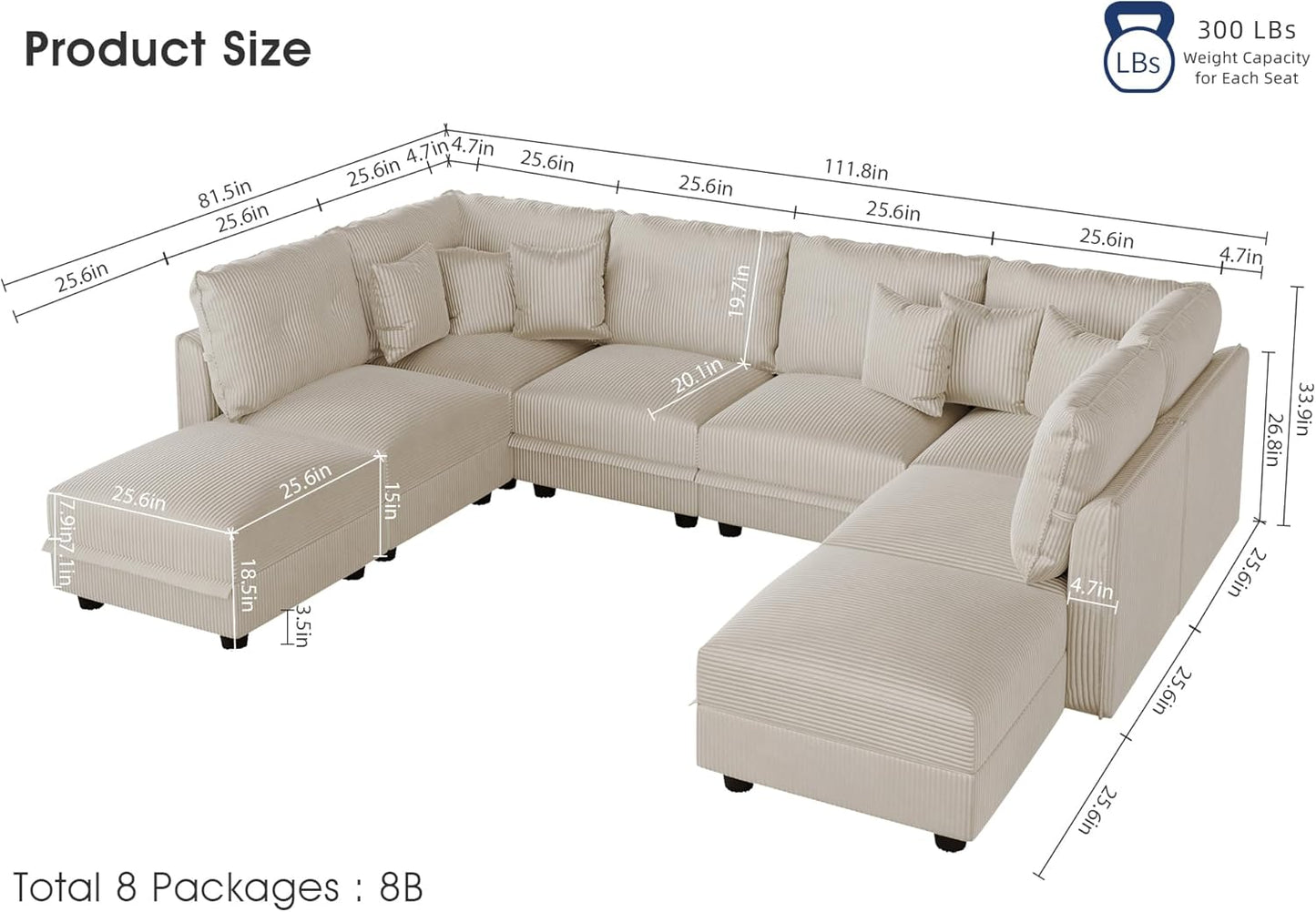 LLappuil Modular Sectional Sofa with Storage Seats, Corduroy Convertible Modular U Shaped Sectional Couch for Living Room, 8 Seat Oversized Sofa with 8 Back Cushion 8 Throw Pillow, Beige