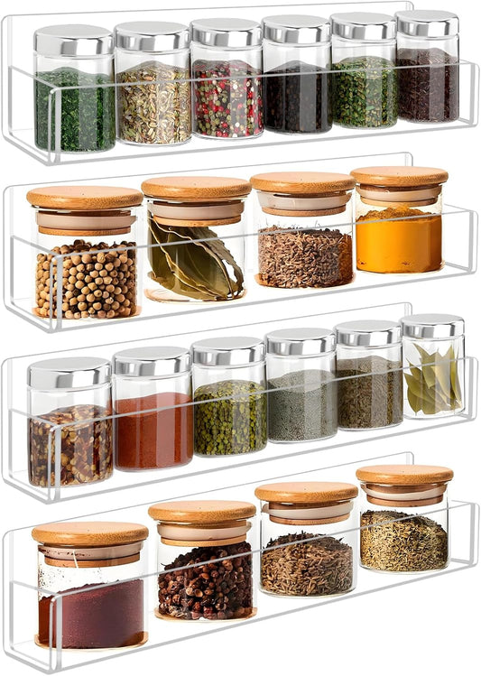 Acrylic Spice Rack Wall Mount-12 Inch, Clear Spice Shelf Storage Holder, 4 Pack Hanging Seasoning Rack Organizer for Cabinet Door, Cupboard or Wall Kitchen (Adhesive or Screw)