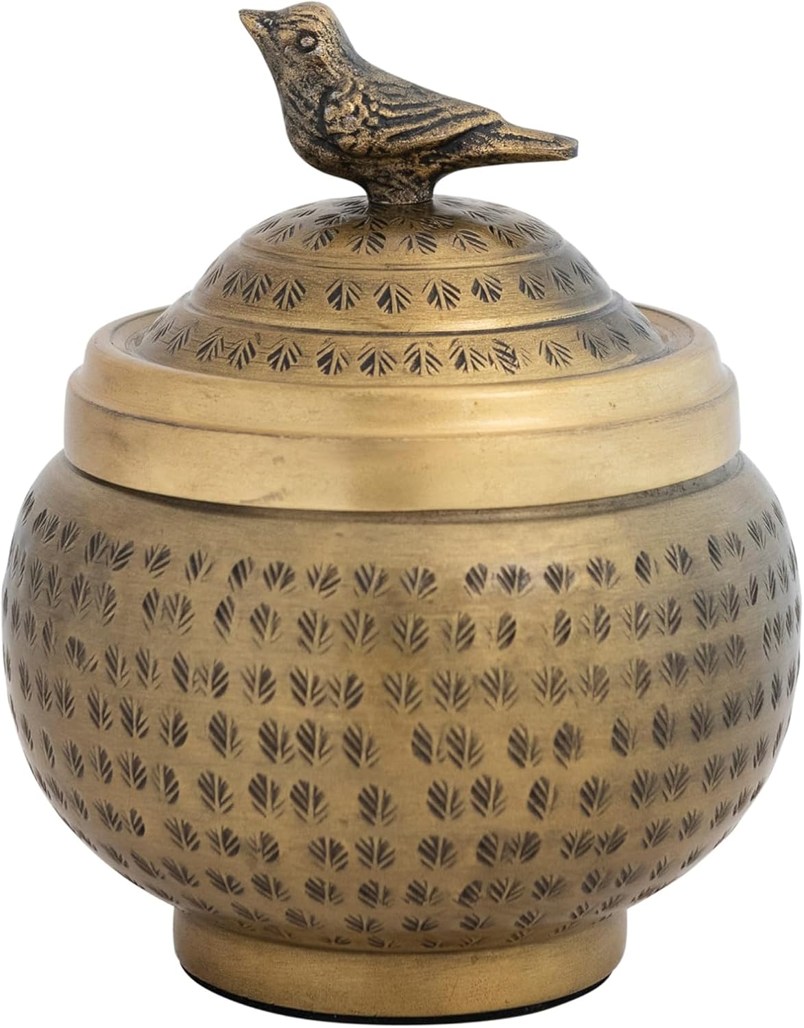 Creative Co-Op Round Hammered Metal Container with Bird Finial, Brass Finish