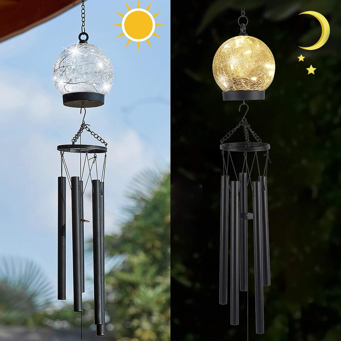 Wind Chimes Outdoor Solar Lights, 42 Inch Large Sympathy Chime 15 LED Twinkle Warm White Crackled Glass Sphere Ball Hanging Lantern Birthday Gifts for Decorative in Garden, Yard, Patio, Landscape