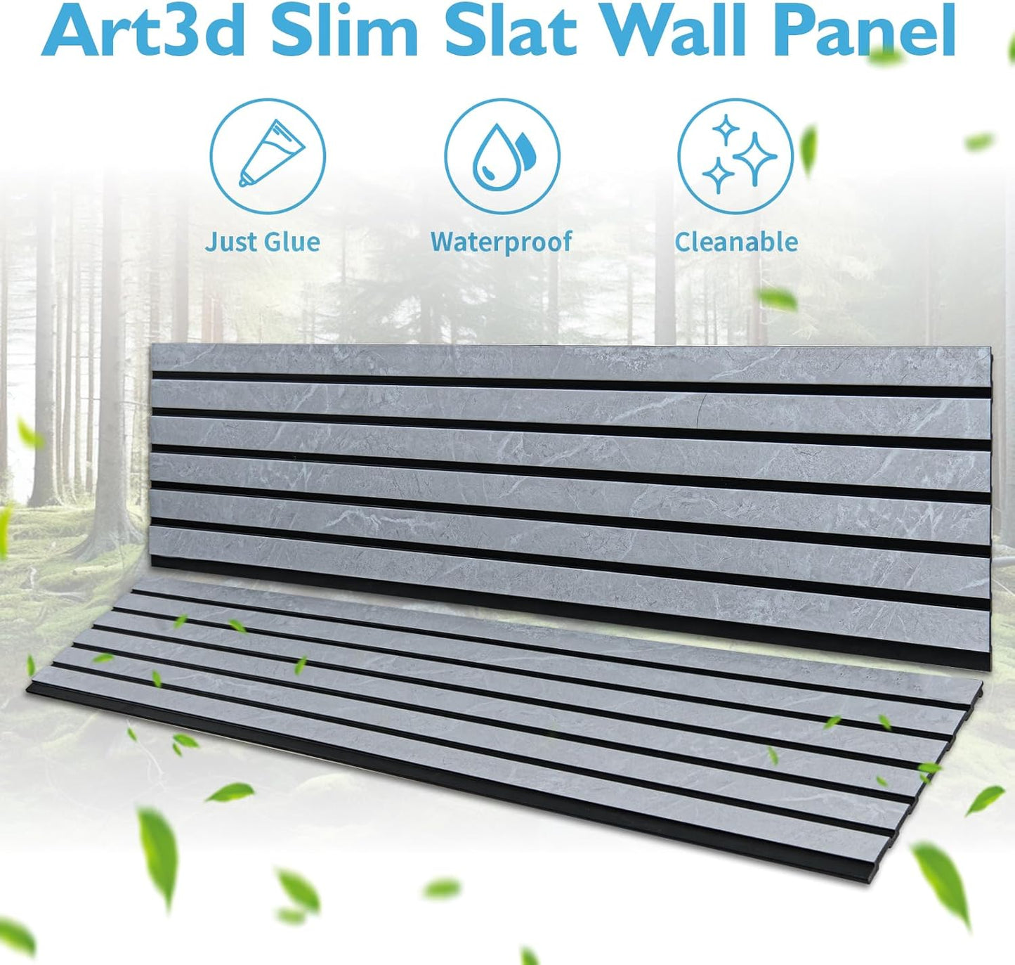 Art3d 4-Pack Glue-On Six-Grid Wainscoting Panel for Interior Wall Decor - 104 x 12 Inch Polystyrene Ultralight Slim Slat Wall Panels for Living Room Bedroom, Slate