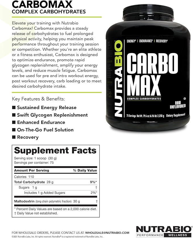 NutraBio CarboMax Maltodextrin Powder - Carbohydrate Powder for Sustained Energy - Calorie Rich for Muscle and Weight Gain - Unflavored - 5 Pounds, 75 Servings