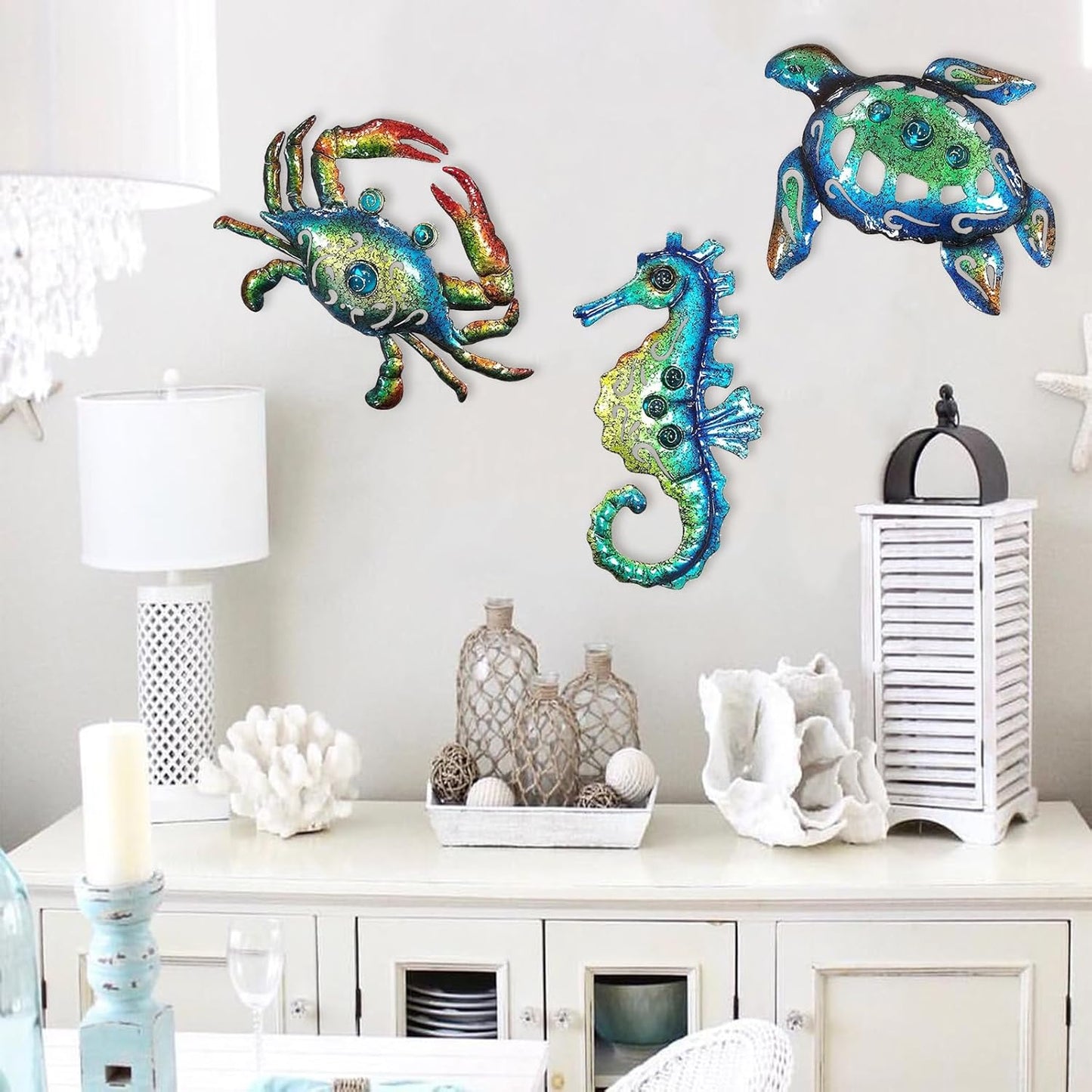 Weibefee Metal Sea Turtle Seahorse Crab Beach Themed Bathroom Wall Art Decor, Ocean Themed Wall Decorations for Home Bathroom,10 Inch, Set of 3…