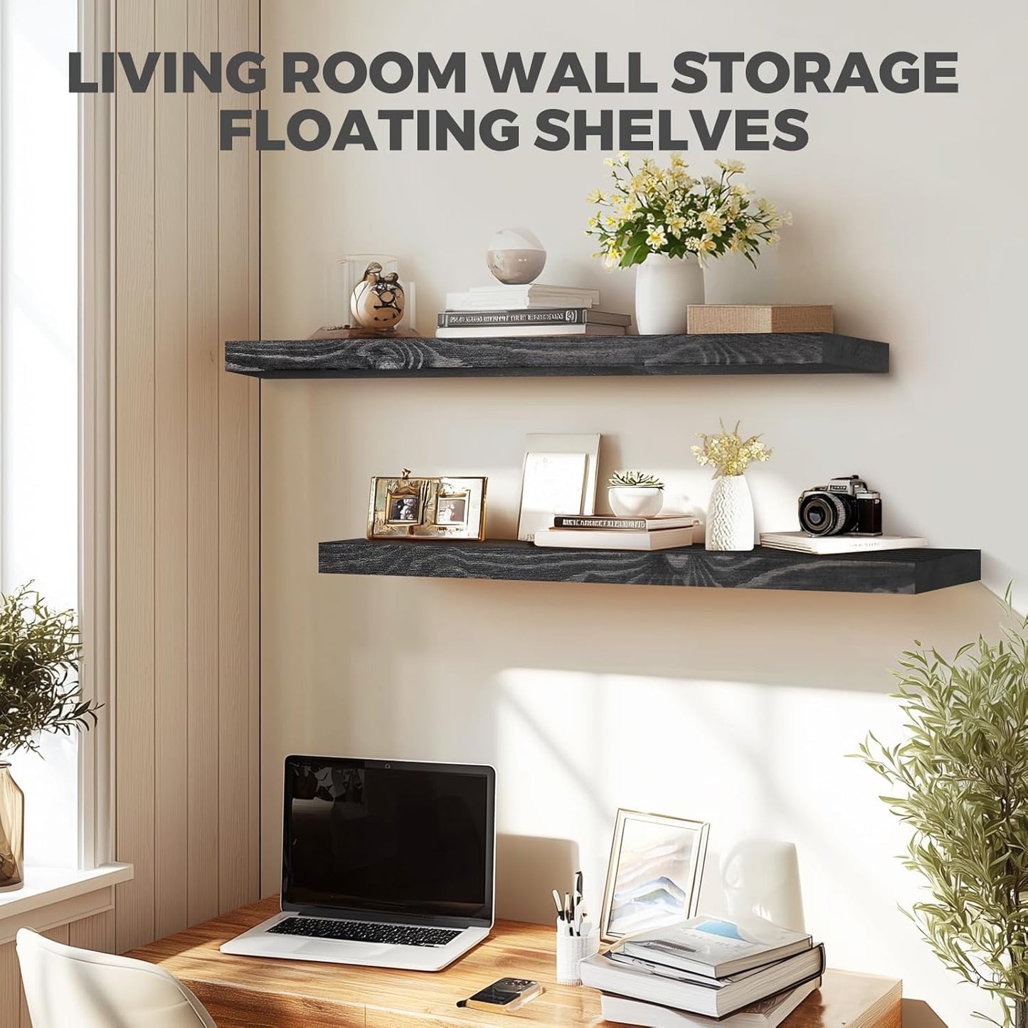 36"x6.8"x1.2" Solid Wood Floating Shelves 2-Pack - Rustic Black Finish with Hidden Brackets, Perfect for Storage and Décor in Living Room, Kitchen, Bedroom