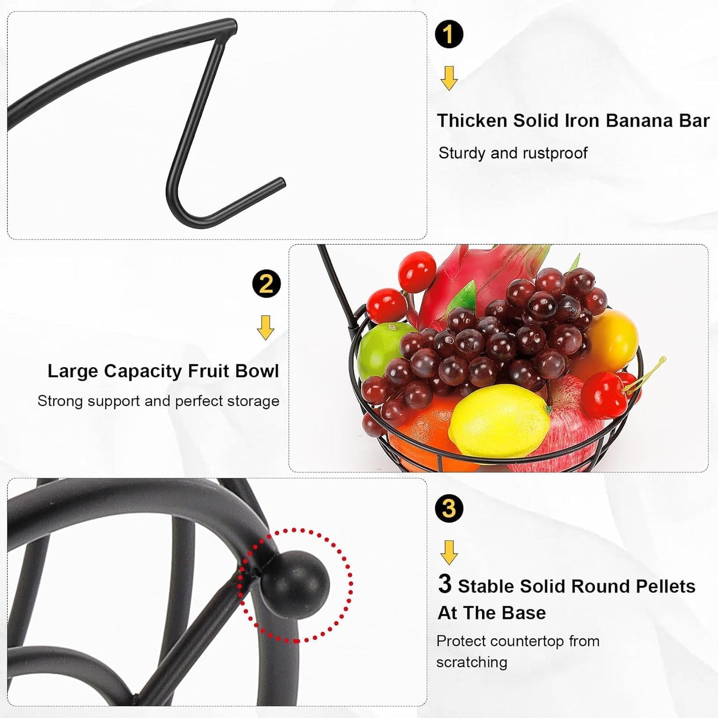 Livabber Countertop Fruit Basket Bowl with Banana Hanger, Modern Standing Fruit Vegetable Bowl Storage, with Banana Tree Holder for Kitchen Dinning Table (Round Metal, Black)