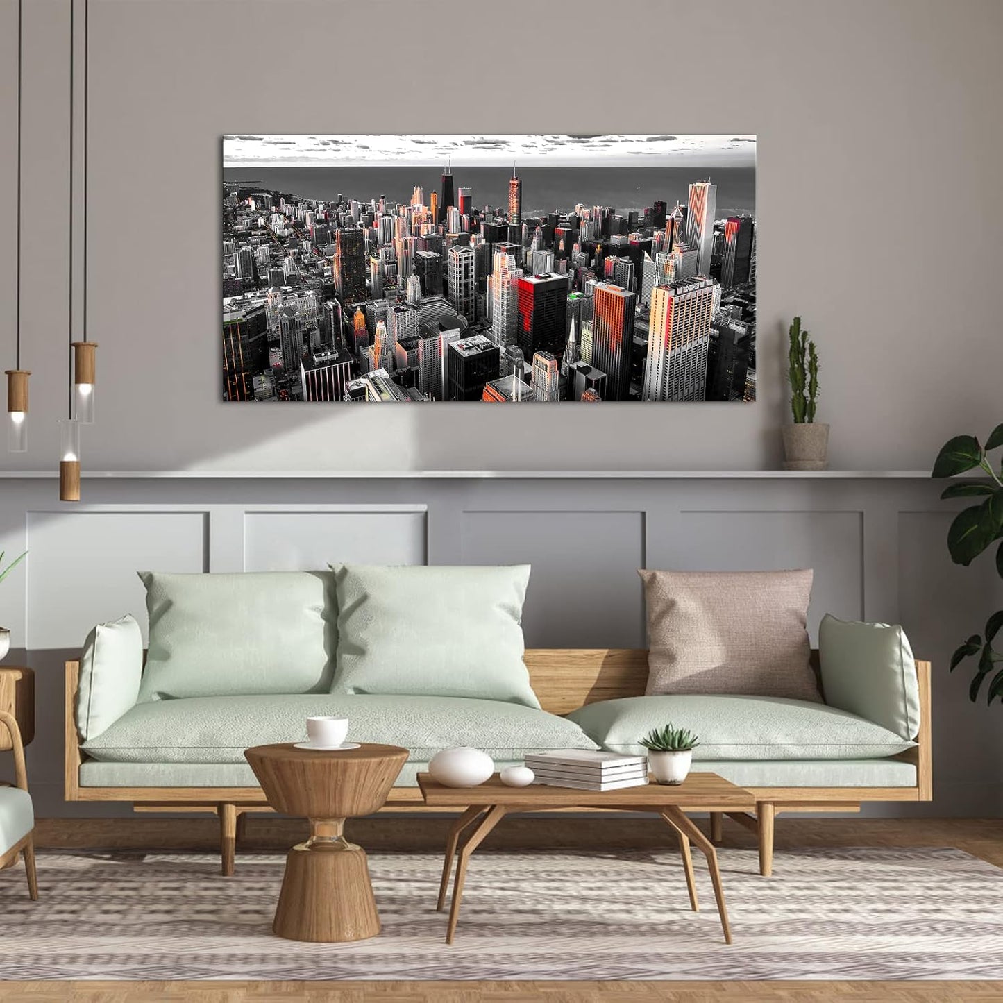 Nachic Wall Black and White Chicago Canvas Print Art Modern Chicago Downtown at Sunset Pictures Painting Modern Cityscape Giclee Artwork for Home Office Living Room Bedroom Decoration 24x48Inches