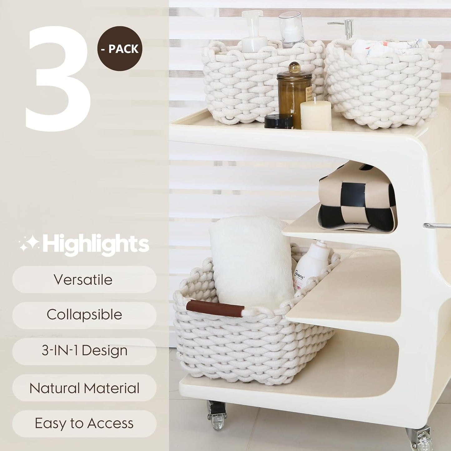 Sea Team 3-Pack Rectangle Woven Cotton Rope Storage Baskets with Handles, Shelf Basket, Closet Organizers, 3-in-1, White