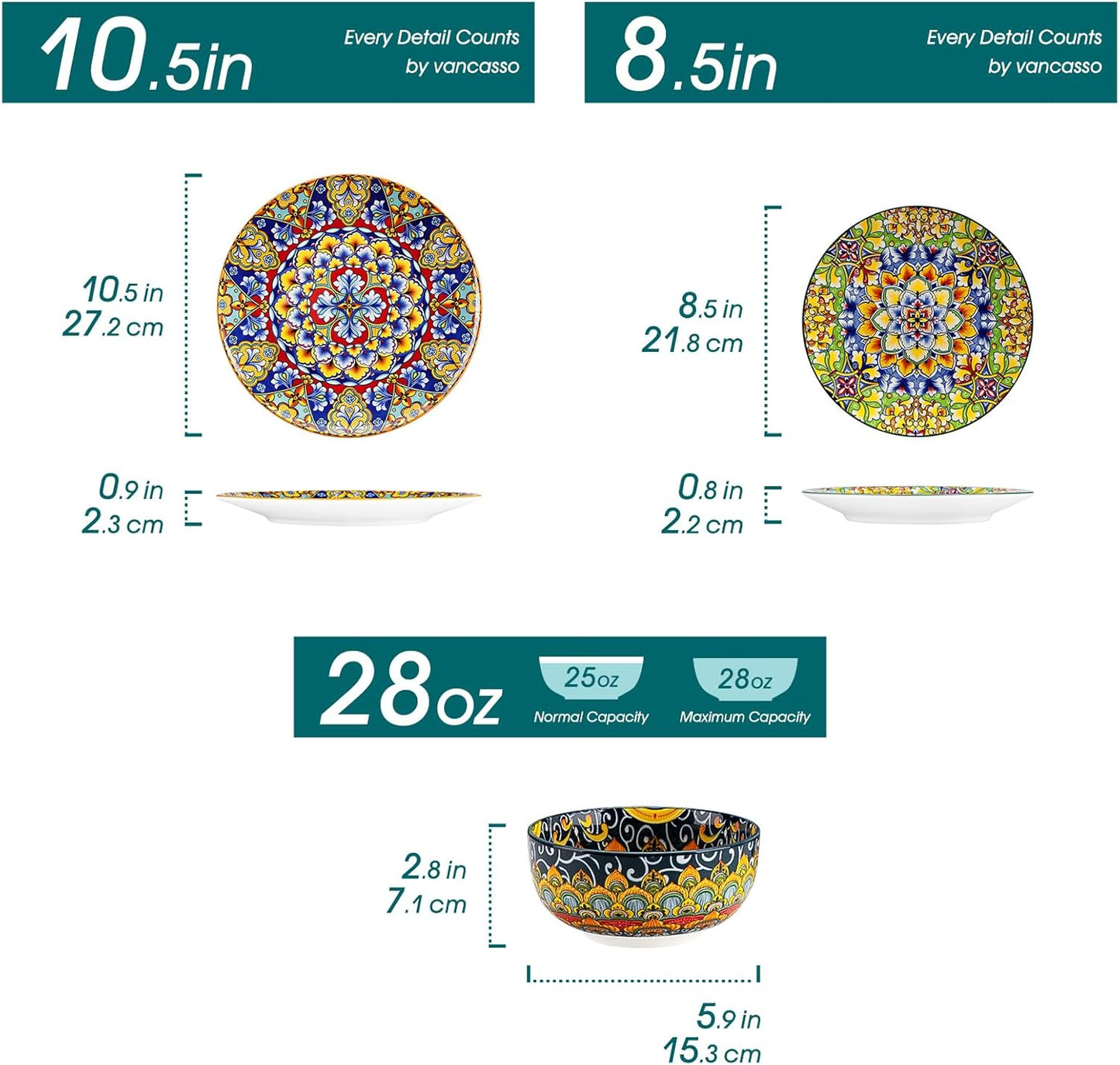 vancasso 18 Pieces Dinnerware Sets, Plates and Bowls Set, Porcelain Dishes Set for 6, Microwave and Dishwasher Safe, Scratch Resistant, Bohemian Style Dining Ware Service for 6, Series SIMI
