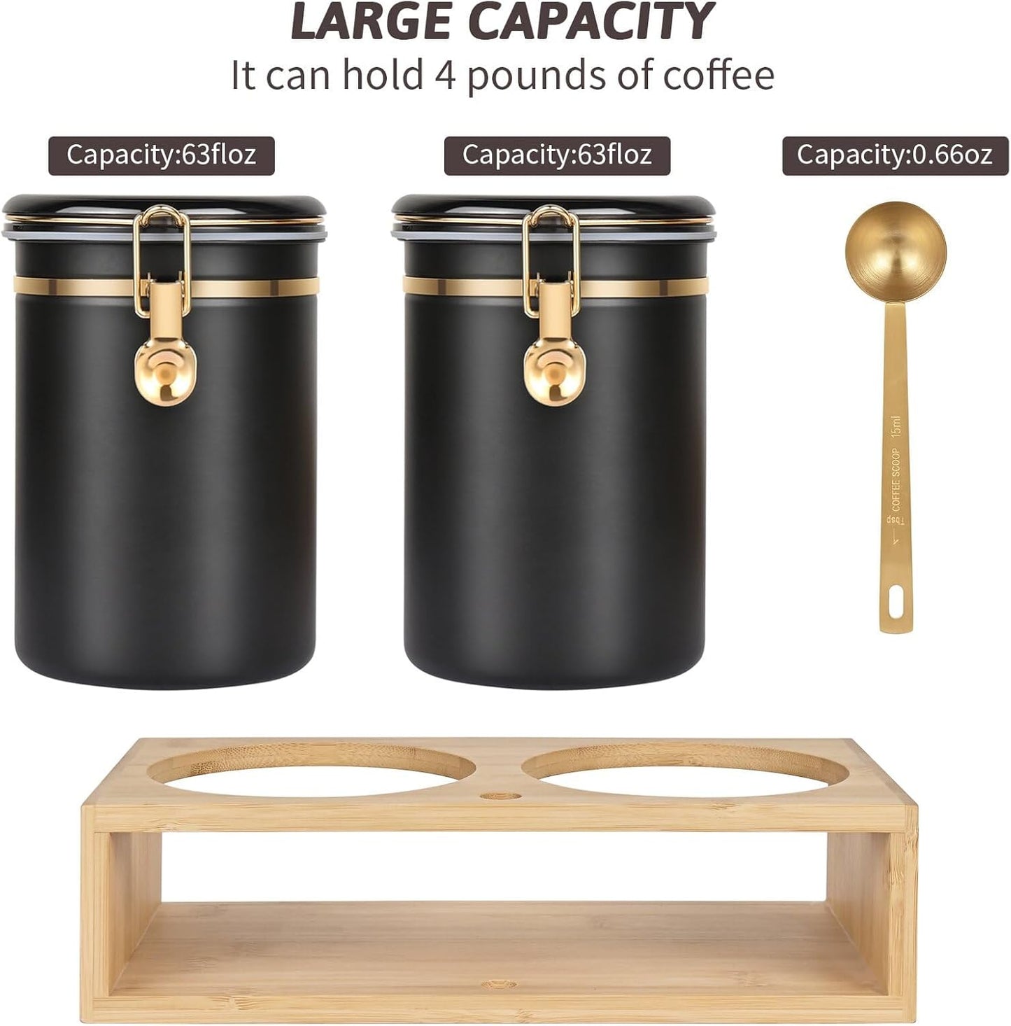 Yangbaga 304 Stainless Steel Coffee Canisters for Ground Coffee,2 x 63OZ Coffee Container with Shelf Coffee Bean Storage, Food Storage Jar with Gold Airtight Locking Clamp and Spoon for Kitchen