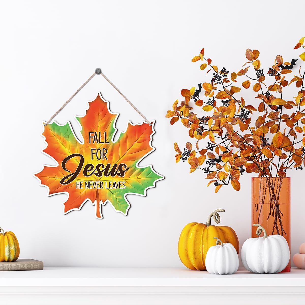 Maple Leaf Fall Decor, Fall for Jesus He Never Leaves Decor Sign Farmhouse Autumn Wreaths for Front Door Christian Jesus Hanger Sign Home Wall Autumn Halloween Thanksgiving Decoration