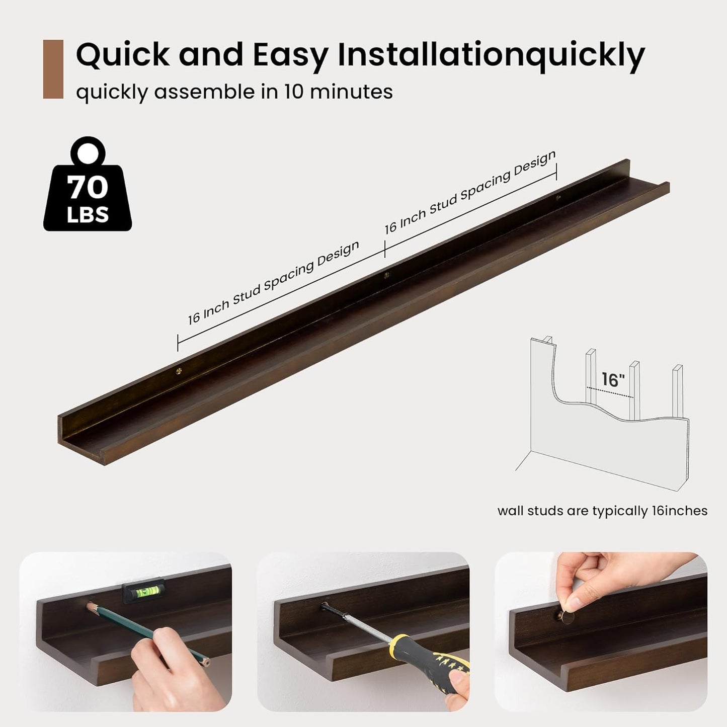 Picture Ledge Shelf, Solid Pine Wood Floating Shelves Set of 2, 48 Inches Nursery Book Shelves for Toys Storage, Kids Bookshelf Wall Mounted for Living Room Bedroom Decor Books Photo Frames, Walnut