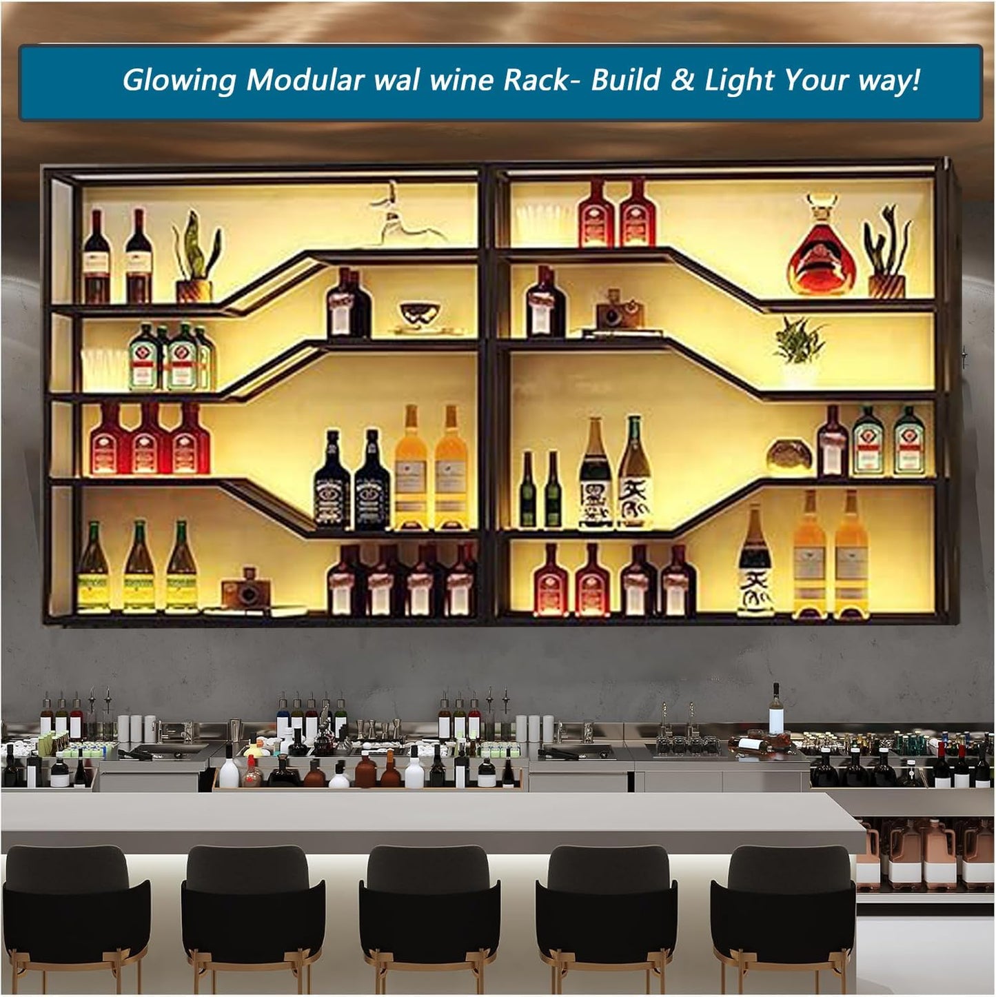 105in Large Wall Mounted Wine Rack with LED Light, 5-Tiers Liquor Bottles Display Shelf with Glasses Holder, Metal Home Bar Shelves with Iron Frame for Kitchen Dining Room (Black, 105in/8.72ft)