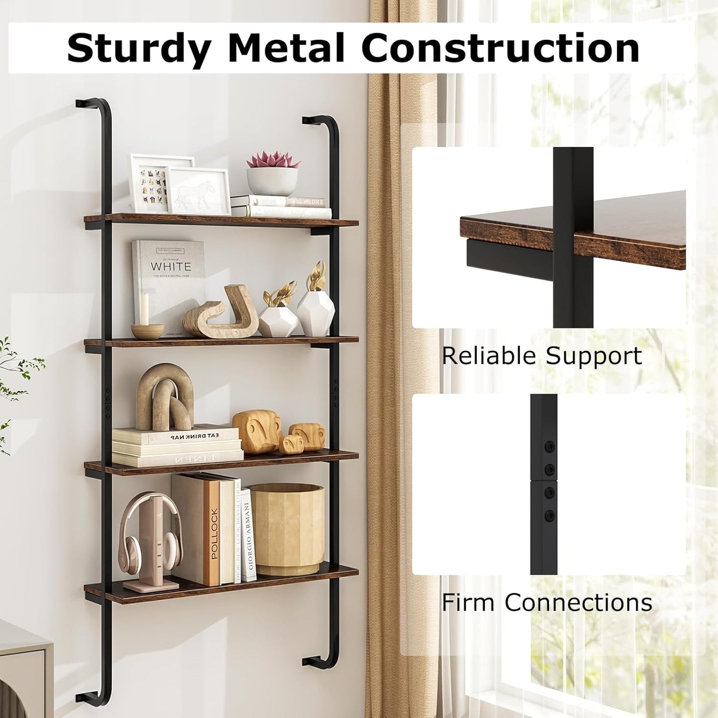 Giantex 4-Tier Industrial Bookshelf Set of 2, Wall Mounted Pipe Shelving Unit, Floating Shelves with Metal Frame, Hanging Wall Display Shelf, Wood Ladder Bookshelf for Living Room,Kitchen,Rustic Brown