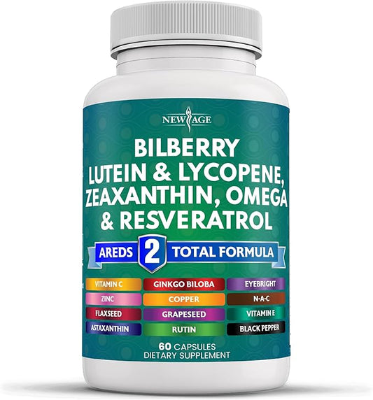 NEW AGE Eye Health Vitamins 6000mg Lutein 40mg Lycopene 40mg Resveratrol 3000mg Grape 6000mg Astaxanthin 60 Count