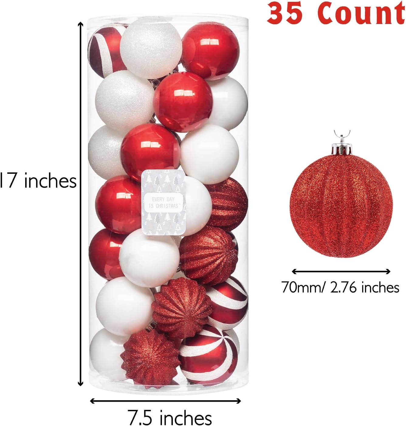 Every Day is Christmas Ornaments, Shatterproof Christmas Tree Ornament Set, Christmas Balls Decoration 35 Count (2.75"/70mm, Red White)
