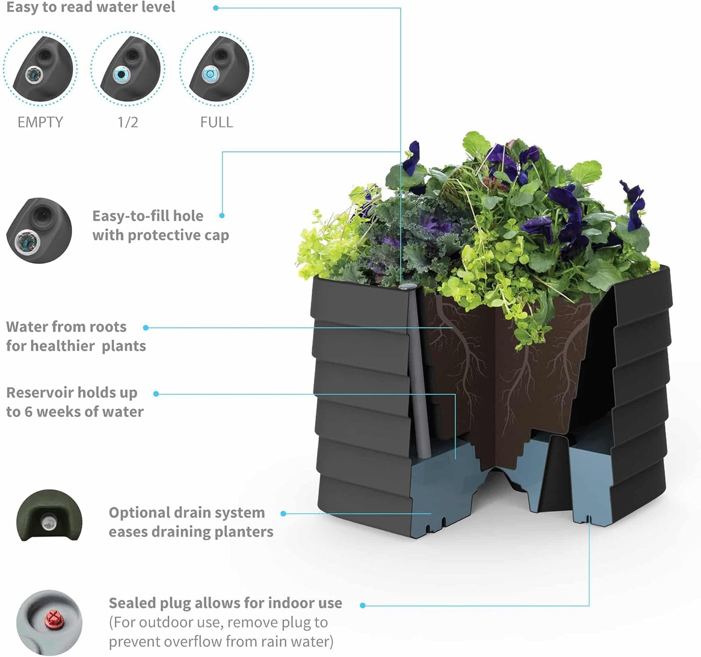 Crescent Garden Slat Medium Rectangular Planter Box for All-Weather - Self-Watering Outdoor Deck Box Planter for Flowers and Herbs (Caviar Black, 36'' x 17'' x 17''H)