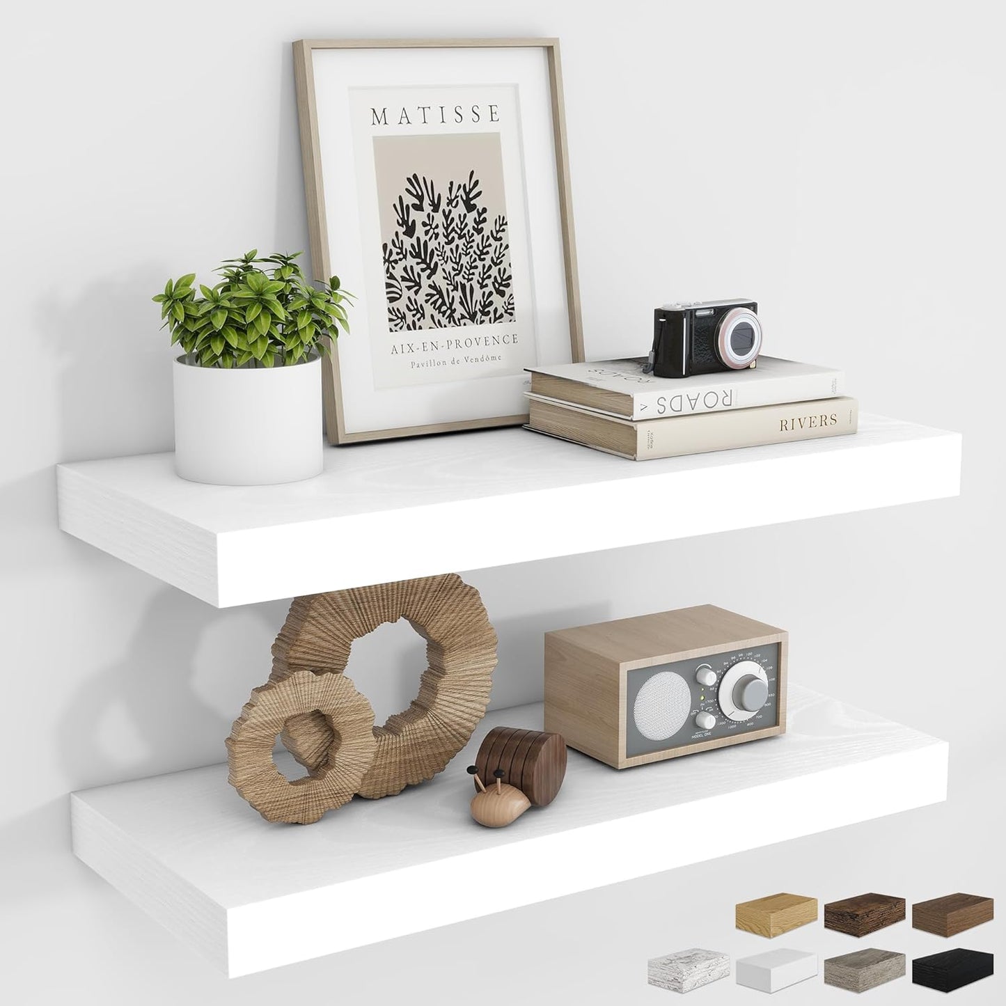 RICHFOCUS 24Inch Floating Shelves for Wall 2 Pack Shelves for Bedroom|Kitchen|Bathroom Wall Mounted Rustic Wood Floating Shelf with Invisible Brackets for Books|Storage|Decor, White