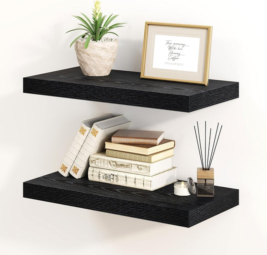 Fun Memories Black Floating Shelves 16 Inch Long, 8 Deep Floating Shelf Wall Mounted, 16 x 8 Inch Wooden Bathroom Shelves, Deep Storage Shelves for Living Room, Kitchen, Set of 2